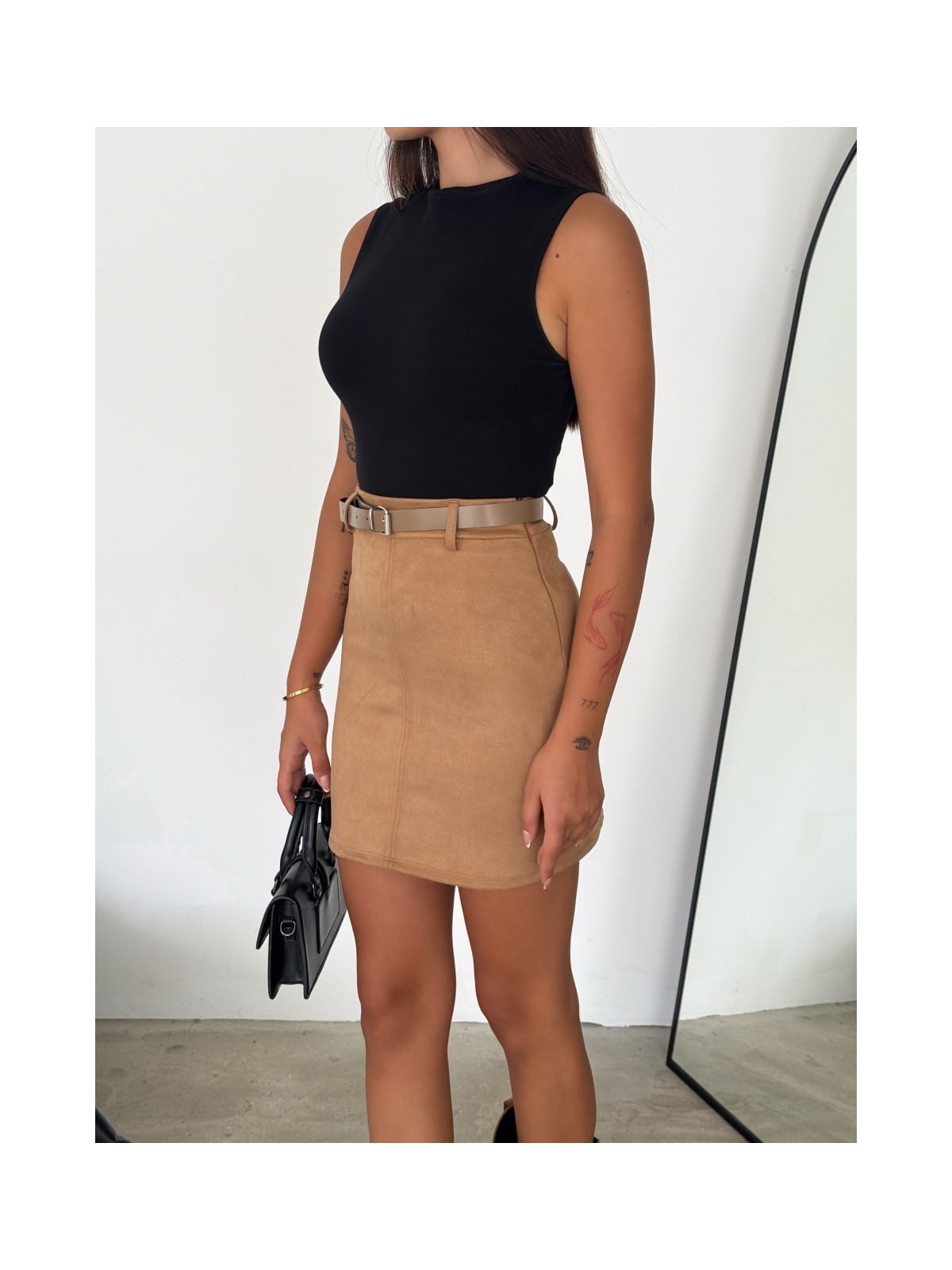 Gugus Kadın Mini Boy Süet Etek Kemerli Diz Üstü - Görsel 5