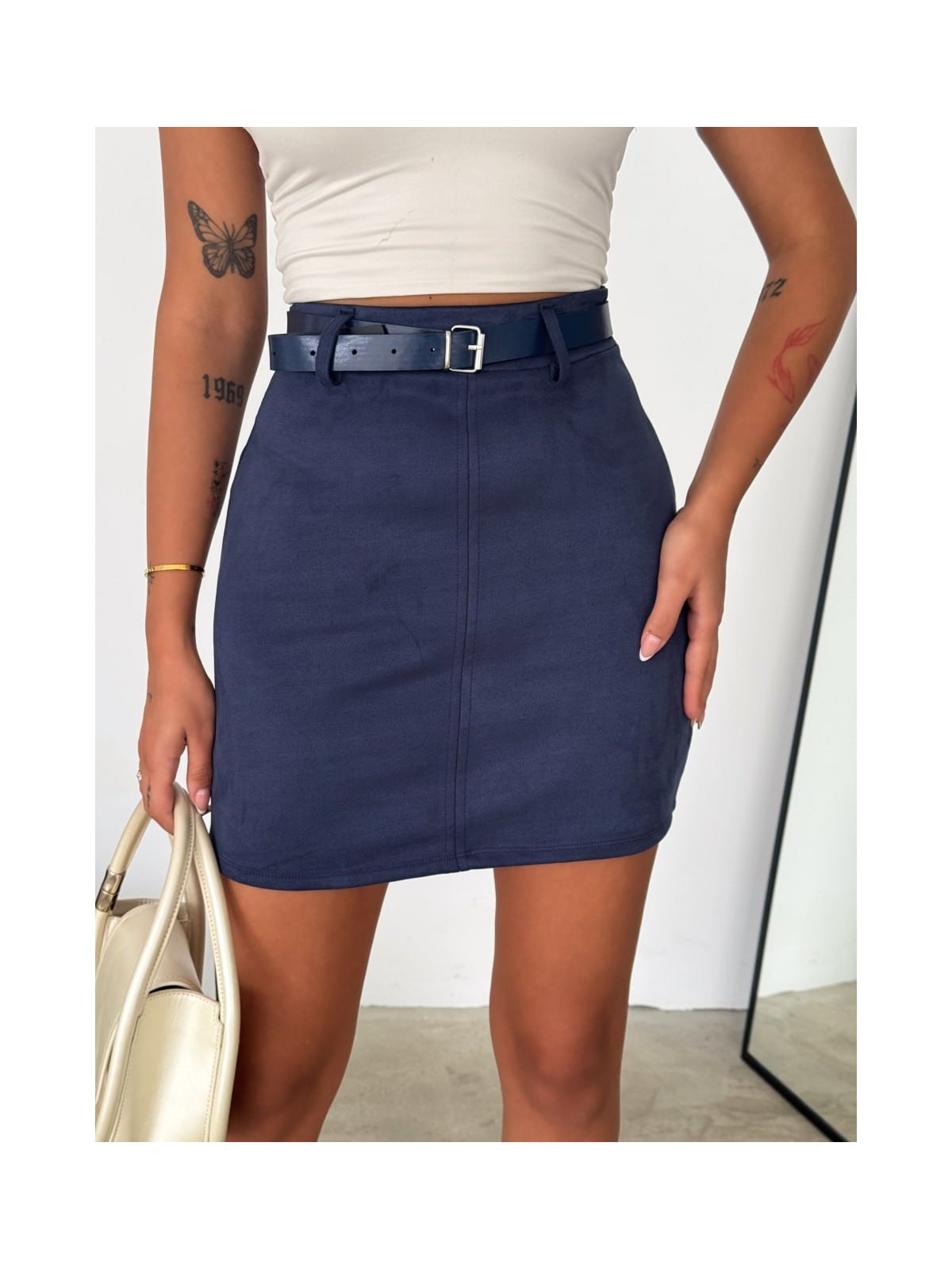 Gugus Kadın Mini Boy Süet Etek Kemerli Diz Üstü - Görsel 7