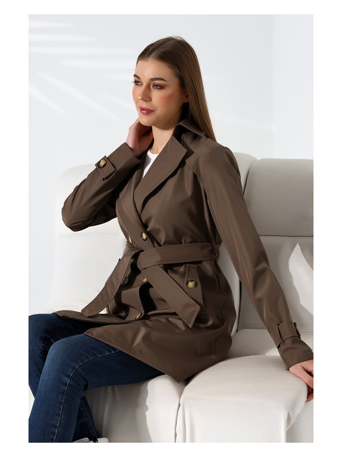 Alinda Kadın Degaje Kuşaklı Yarım Boy Astarlı Uzun Kollu Döğmeli Trençkot