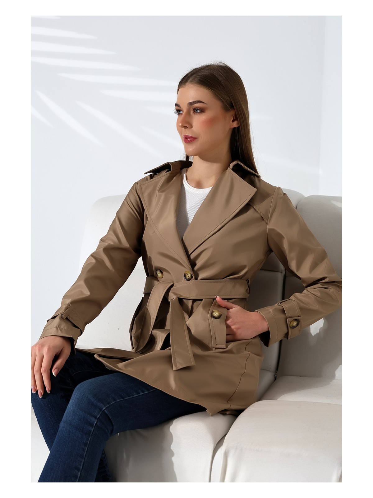 Alinda Kadın Degaje Kuşaklı Yarım Boy Astarlı Uzun Kollu Döğmeli Trençkot - Görsel 4