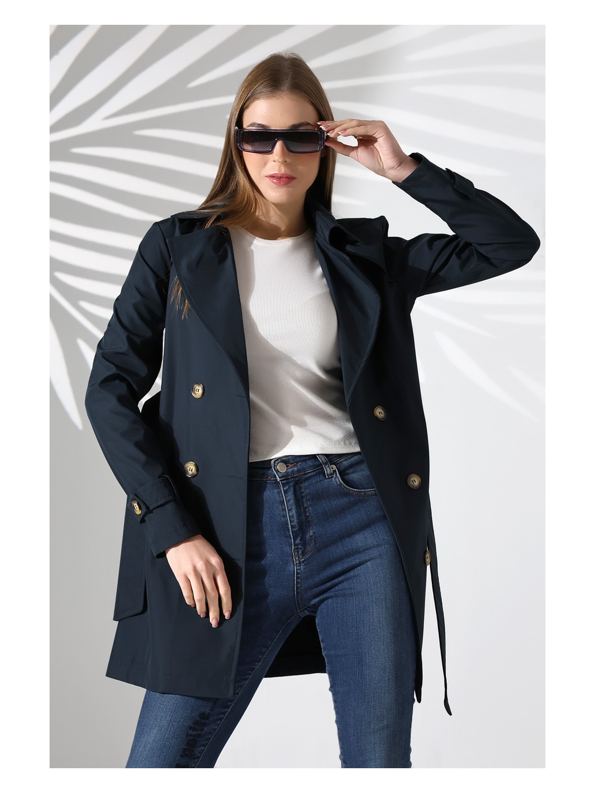 Alinda Kadın Degaje Kuşaklı Yarım Boy Astarlı Uzun Kollu Döğmeli Trençkot - Görsel 6