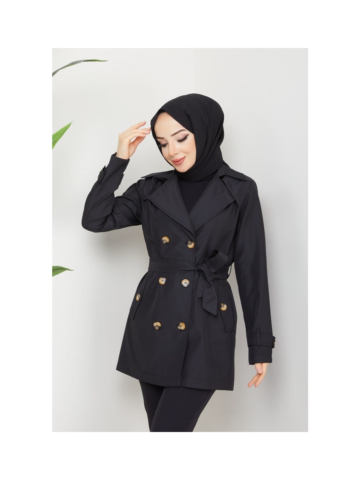 Alinda Kadın Degaje Kuşaklı Yarım Boy Astarlı Uzun Kollu Döğmeli Trençkot - Görsel 3