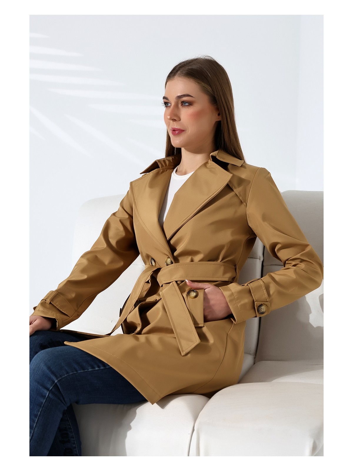 Alinda Kadın Degaje Kuşaklı Yarım Boy Astarlı Uzun Kollu Döğmeli Trençkot