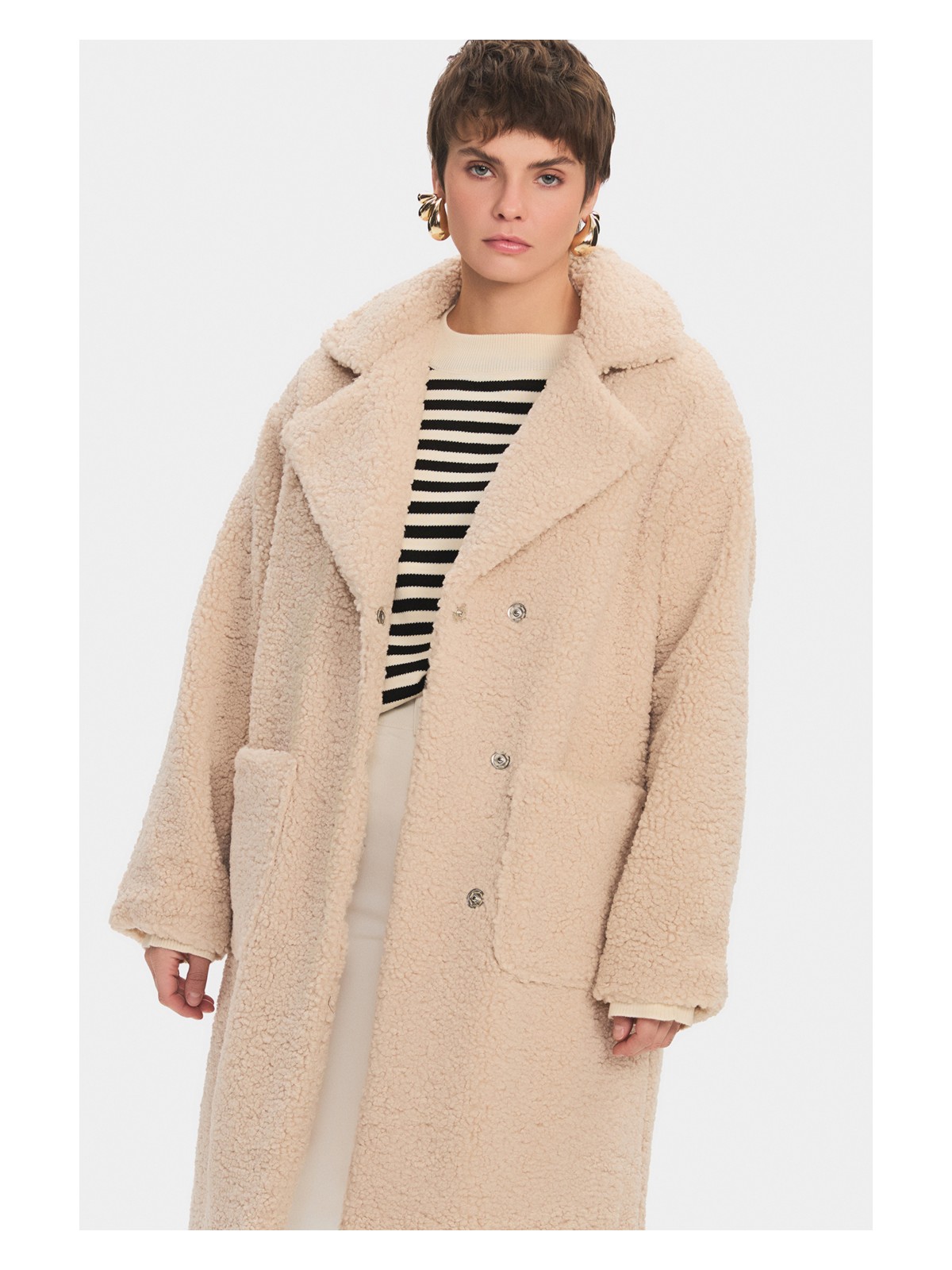 NG Style Cep Detaylı Peluş Uzun Kaban - Görsel 3