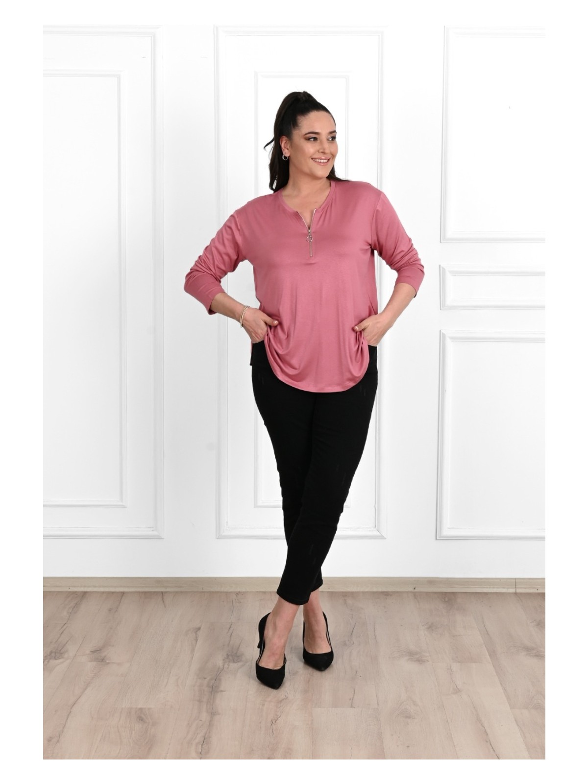 Koza Kadın Yarım Fermuar Detaylı Büyük Beden Bluz 1387-23