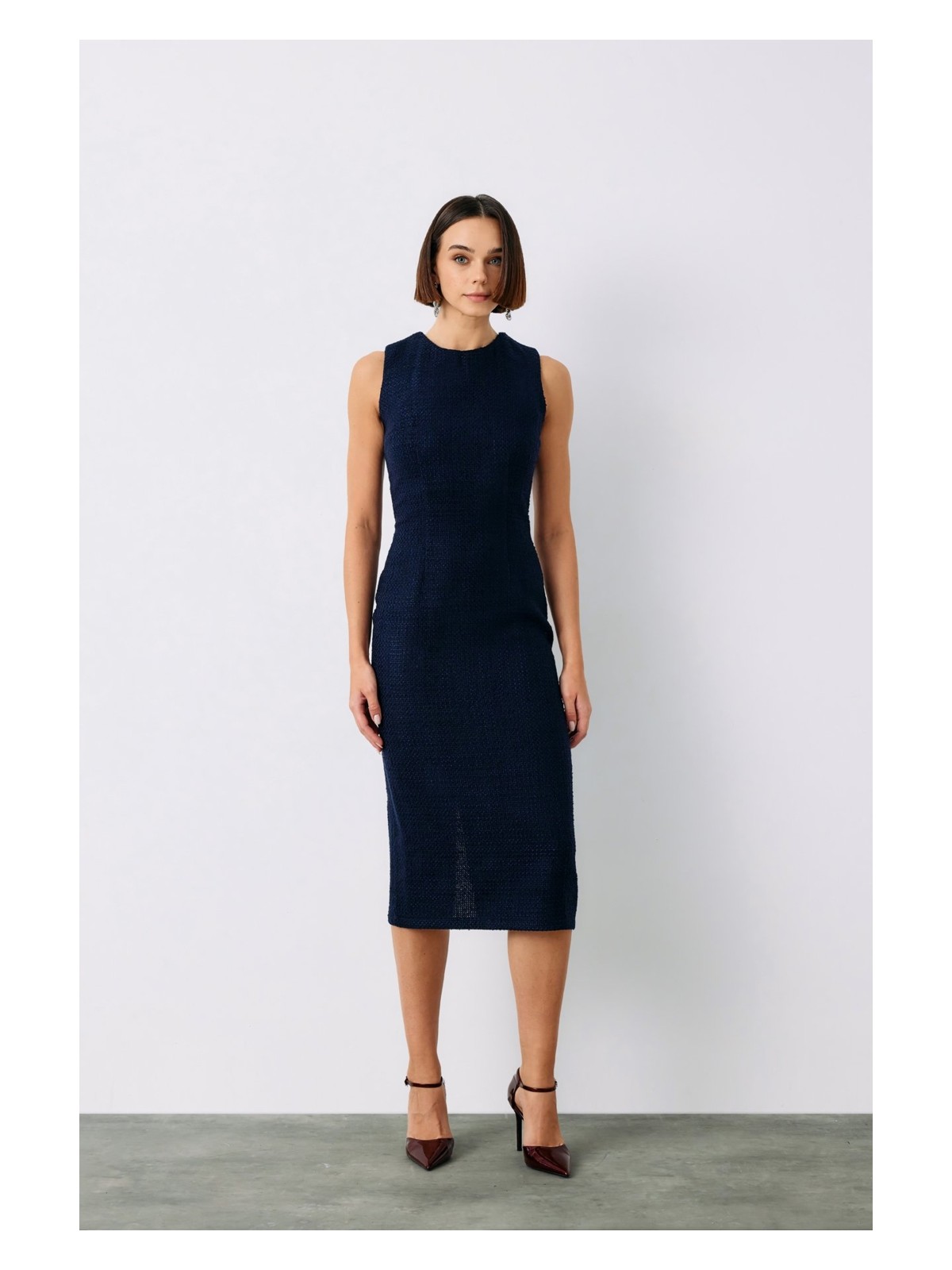 Sateen Kolsuz Uzun Tüvit Elbise - Lacivert