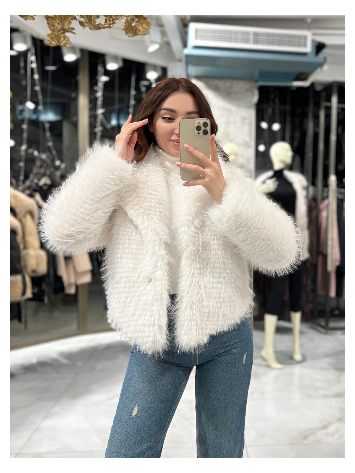 Miss Swans Melinda Şal Yaka Kürk Kısa Kaban Krem - Görsel 4