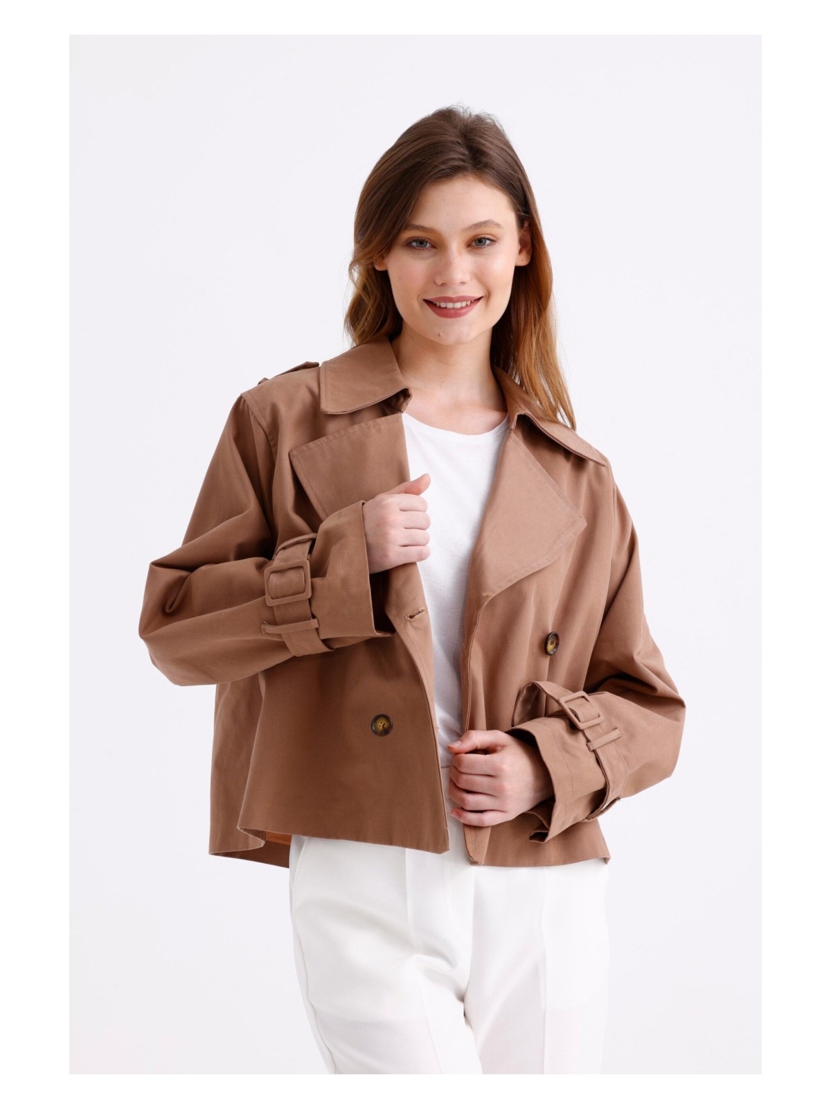 Pastelastore %100 Pamuk Gabardin Astarlı Oversize Geniş Kalıp Kadın Crop Kısa Trençkot 1122 - Görsel 4