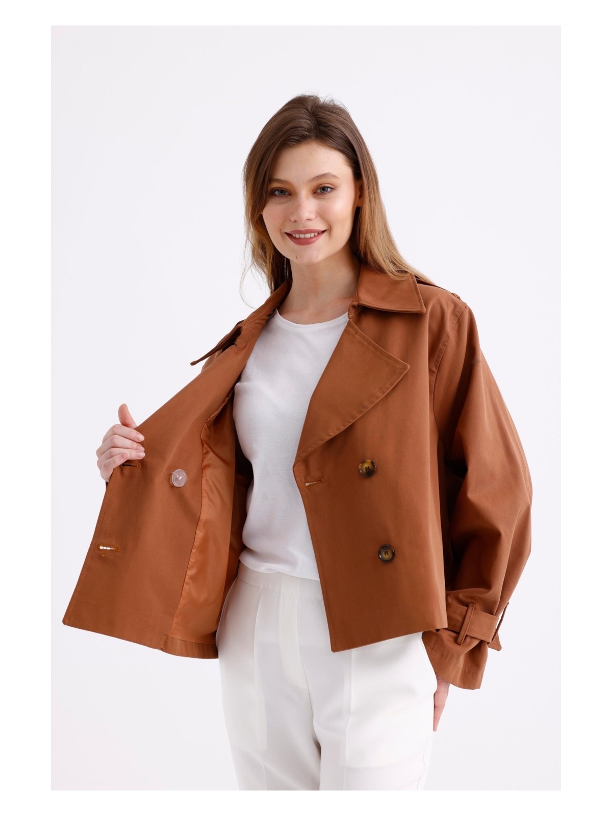 Pastelastore %100 Pamuk Gabardin Astarlı Oversize Geniş Kalıp Kadın Crop Kısa Trençkot 1122 - Görsel 5