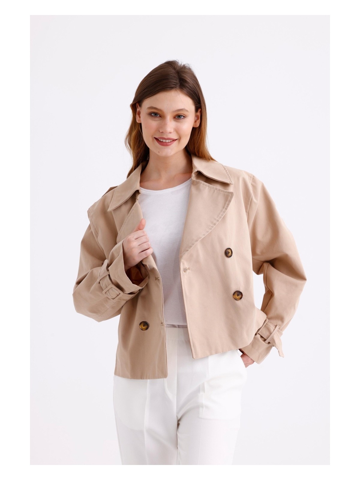 Pastelastore %100 Pamuk Gabardin Astarlı Oversize Geniş Kalıp Kadın Crop Kısa Trençkot 1122 - Görsel 6