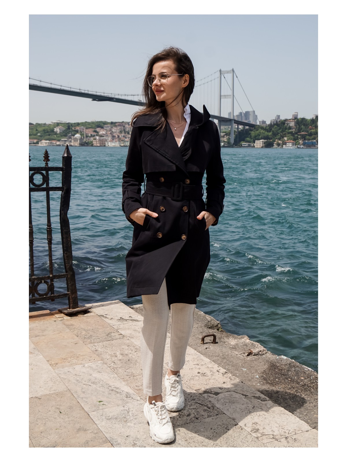 Pastelastore Kadın Pamuk Gabardin Midi Trençkot 1113 Siyah Klasik Kruvaze Tasarım - Görsel 4