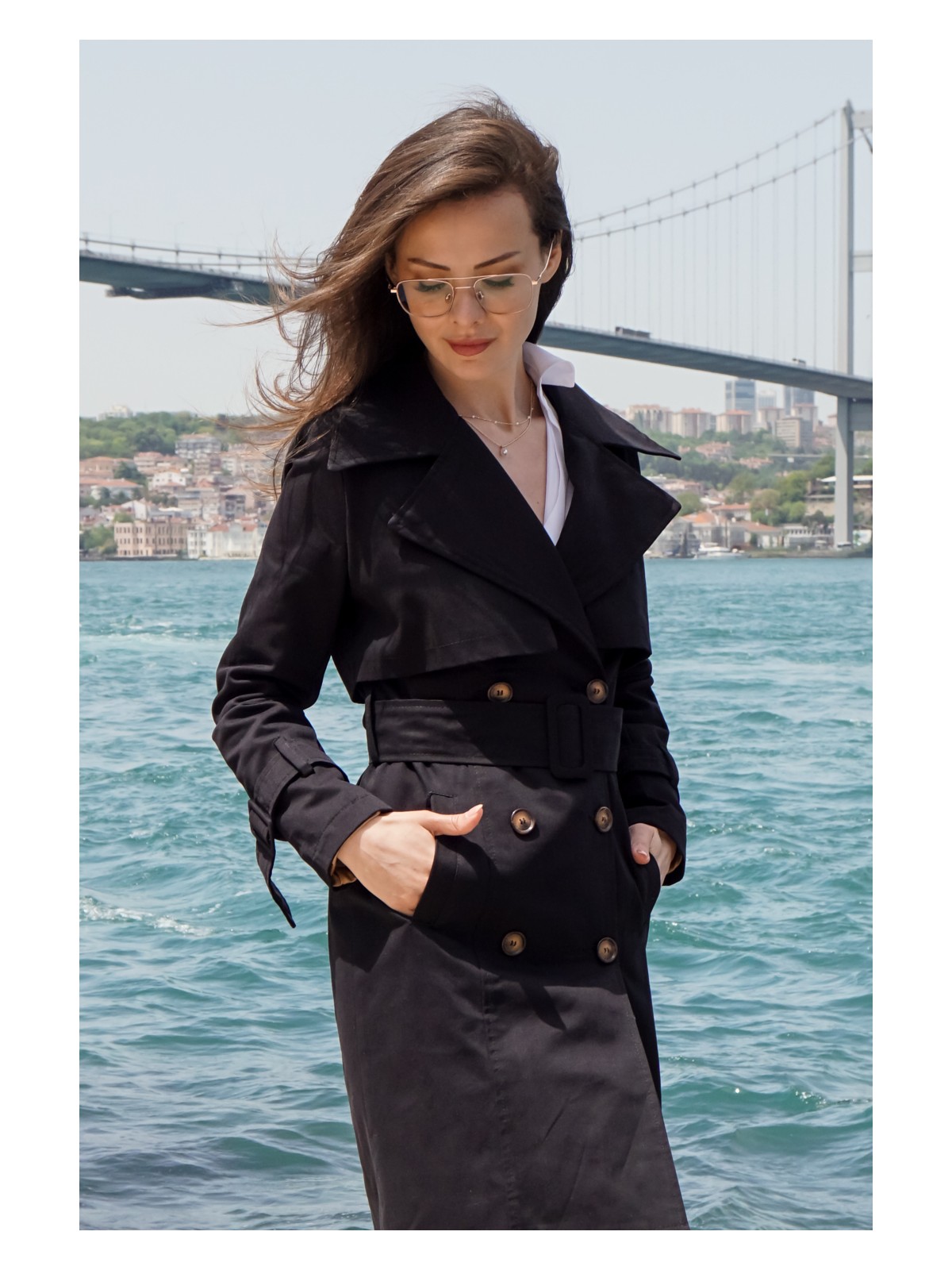 Pastelastore Kadın Pamuk Gabardin Midi Trençkot 1113 Siyah Klasik Kruvaze Tasarım - Görsel 5