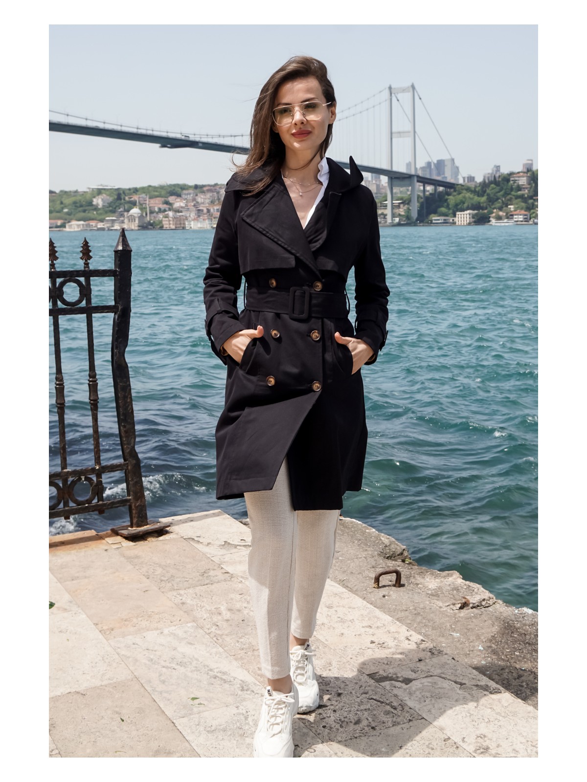 Pastelastore Kadın Pamuk Gabardin Midi Trençkot 1113 Siyah Klasik Kruvaze Tasarım - Görsel 6