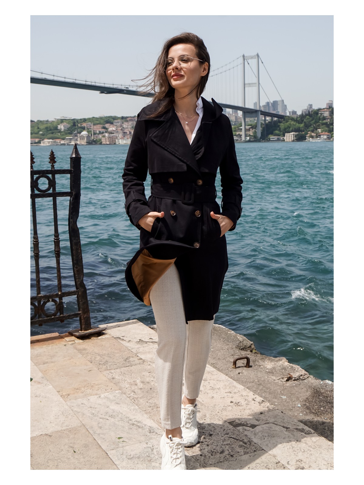 Pastelastore Kadın Pamuk Gabardin Midi Trençkot 1113 Siyah Klasik Kruvaze Tasarım - Görsel 7