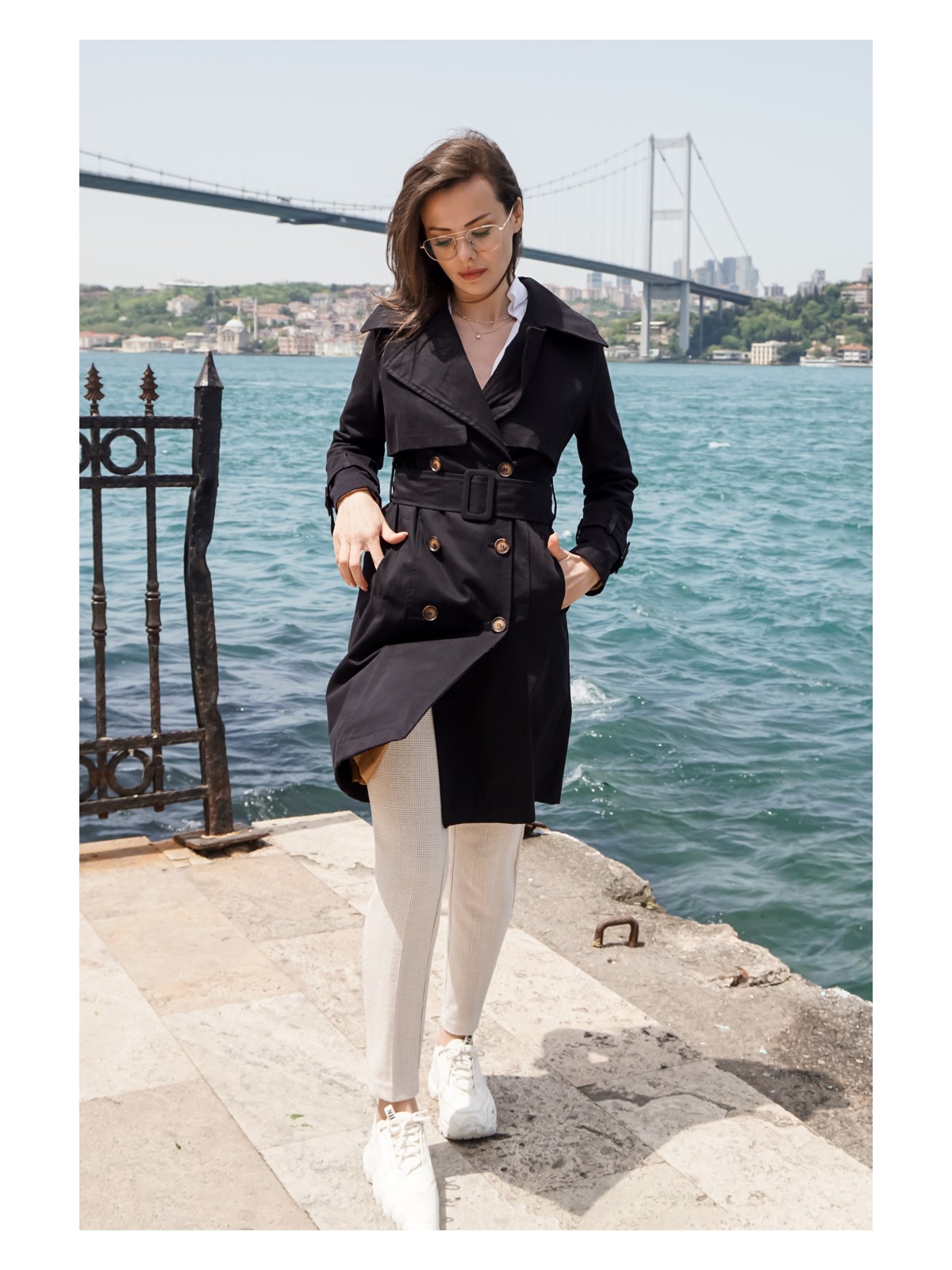 Pastelastore Kadın Pamuk Gabardin Midi Trençkot 1113 Siyah Klasik Kruvaze Tasarım - Görsel 8