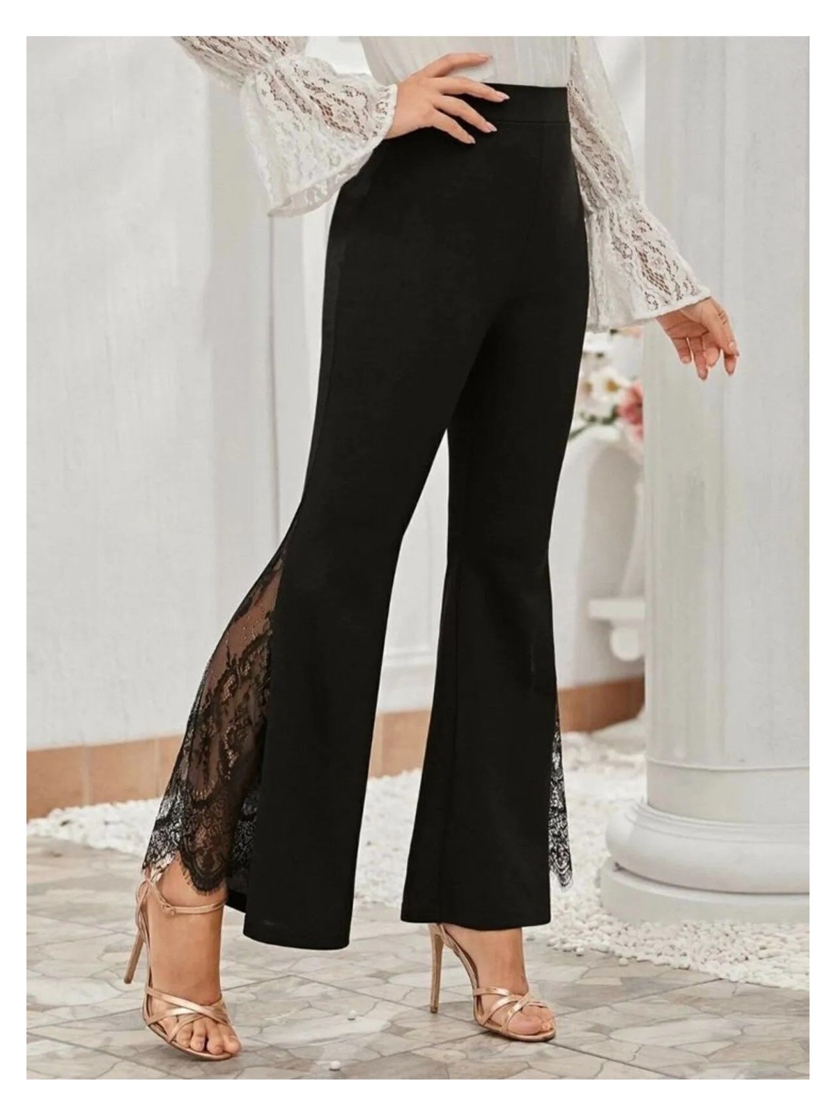 Tee Ropa Dantelli Slim Fit Ispanyol Paça Tayt Kadın Siyah Orta Kalınlıkta Cepsiz Tasarım