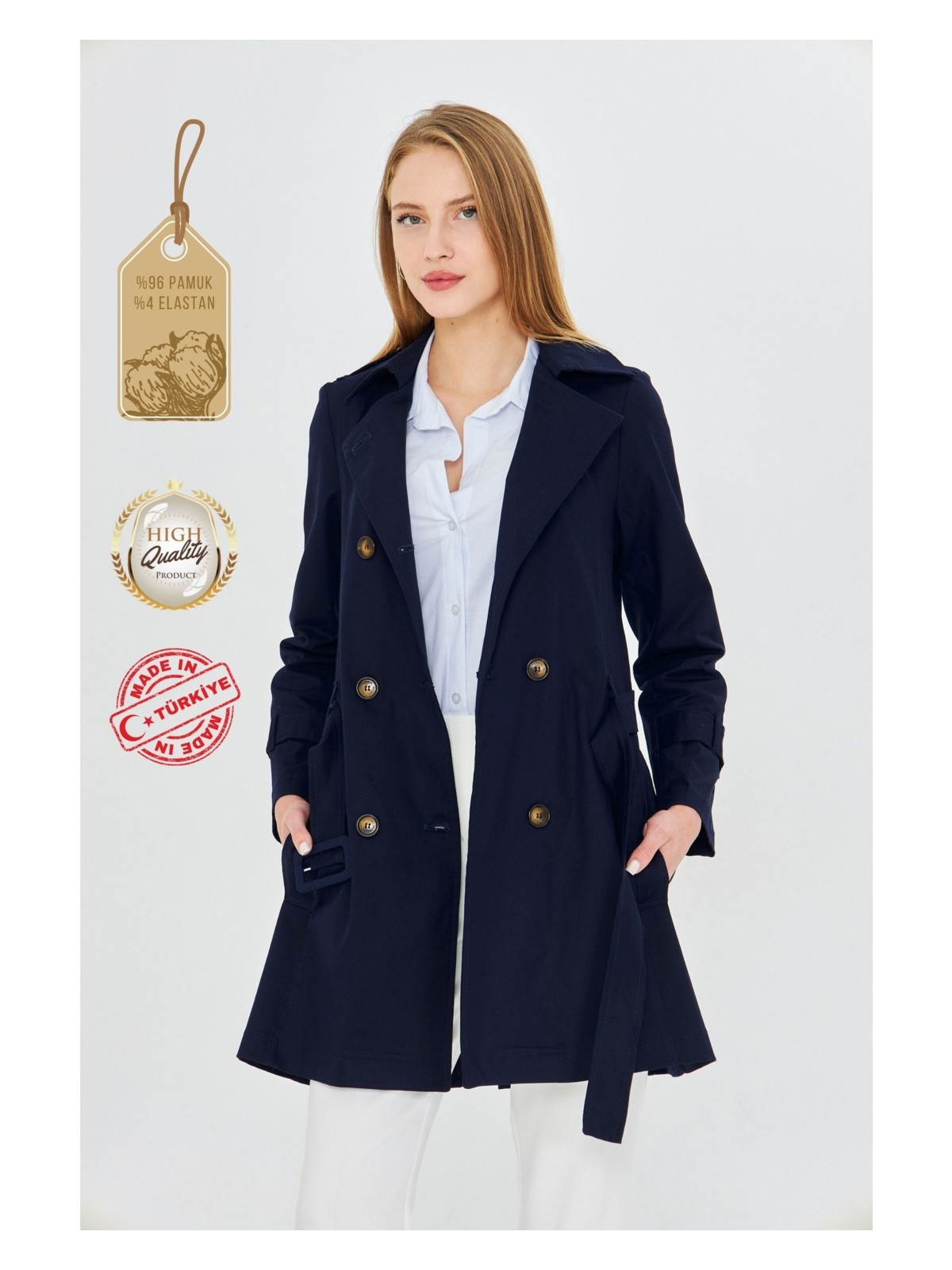 Pastelastore Esnek Pamuk Gabardin Kısa (80CM) Omuz Apoletli Kemerli Kadın Trençkot 1120 - Görsel 6