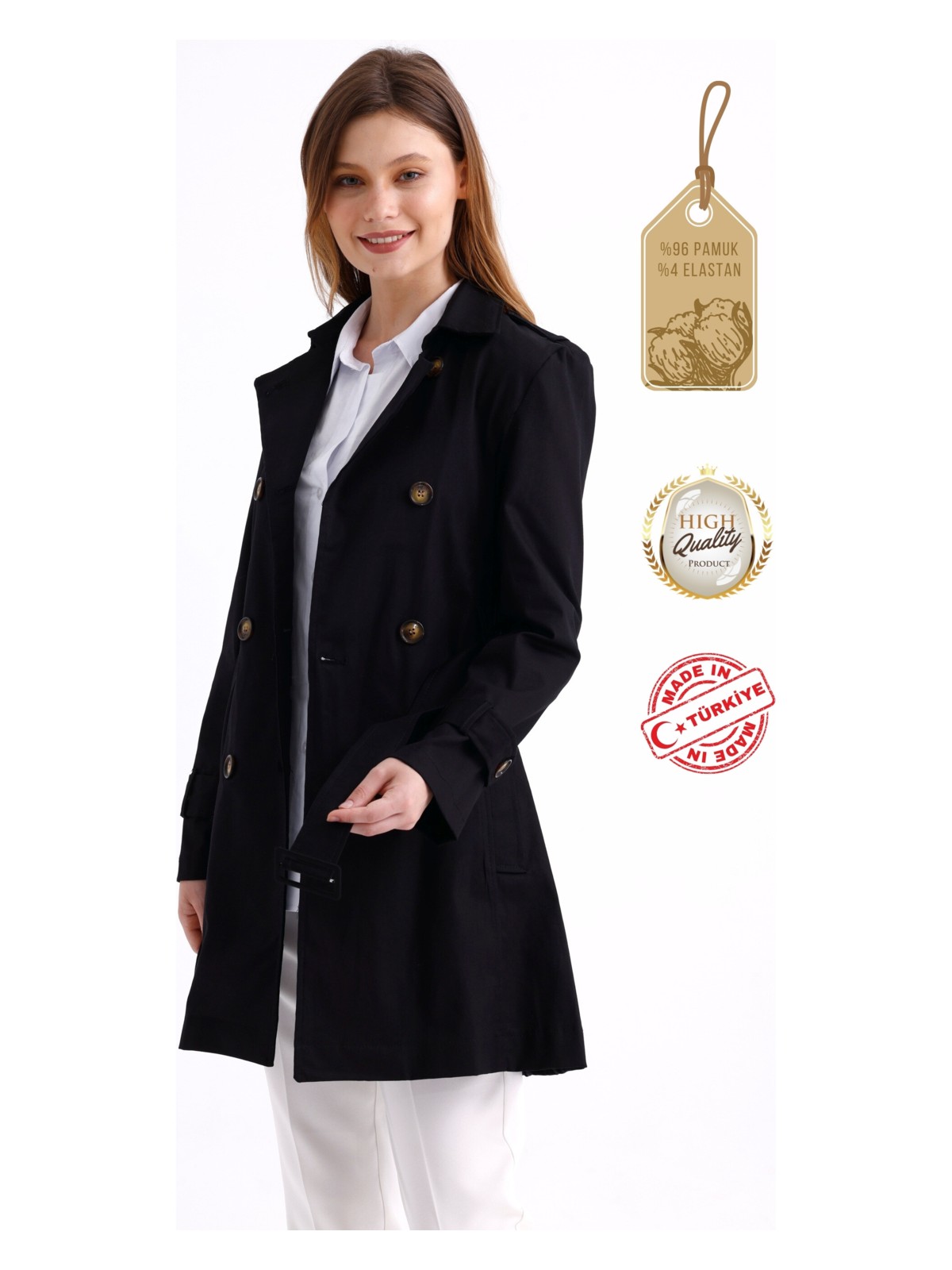 Pastelastore Esnek Pamuk Gabardin Kısa (80CM) Omuz Apoletli Kemerli Kadın Trençkot 1120 - Görsel 5