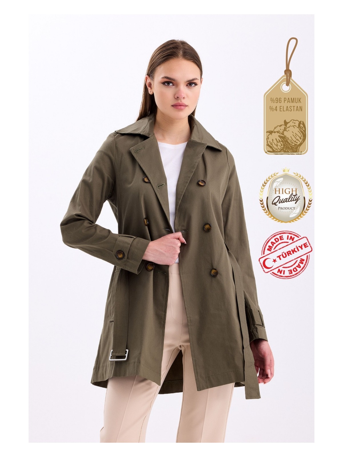 Pastelastore Esnek Pamuk Gabardin Kısa (80CM) Omuz Apoletli Kemerli Kadın Trençkot 1120 - Görsel 4