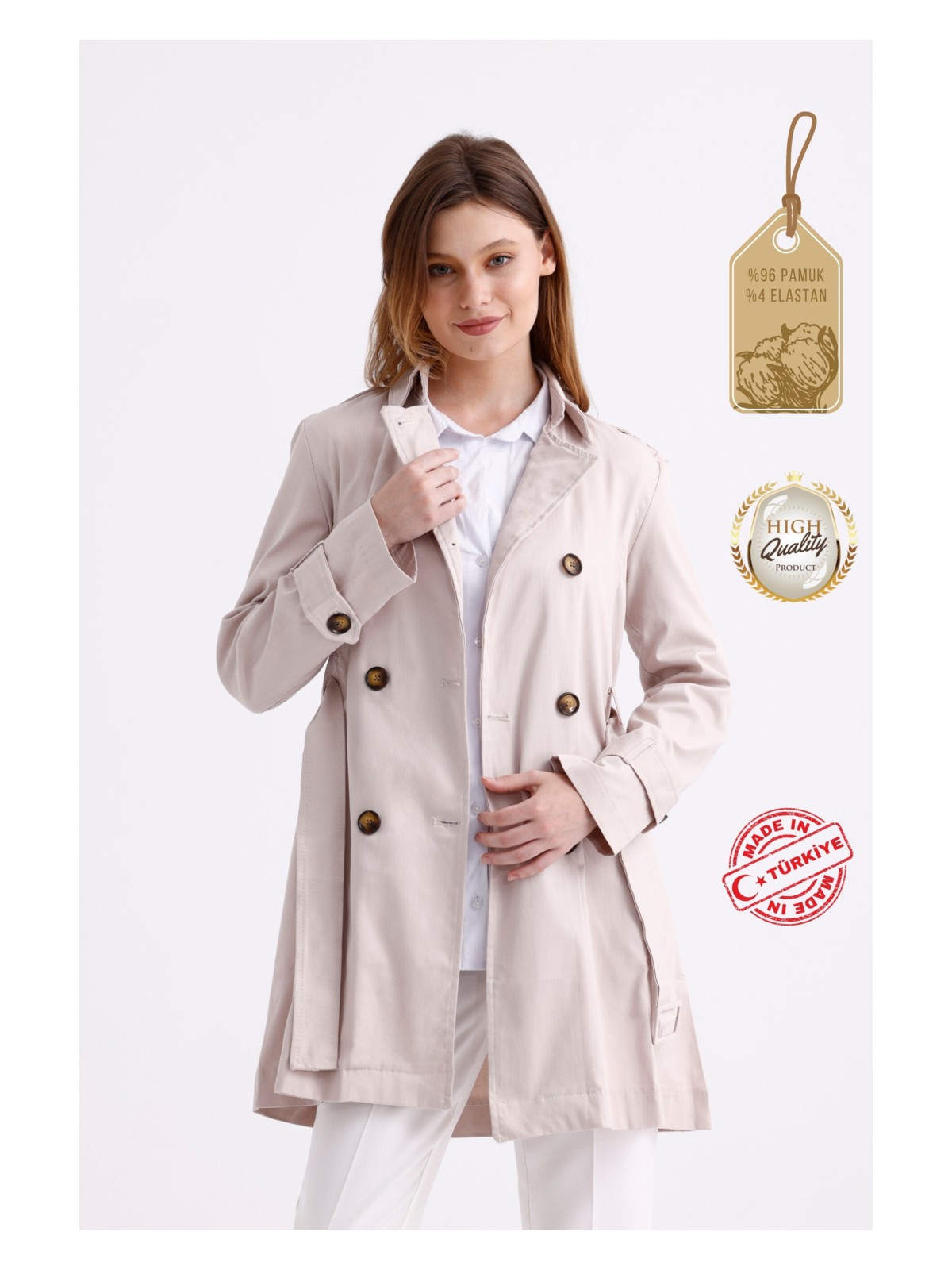 Pastelastore Esnek Pamuk Gabardin Kısa (80CM) Omuz Apoletli Kemerli Kadın Trençkot 1120 - Görsel 3