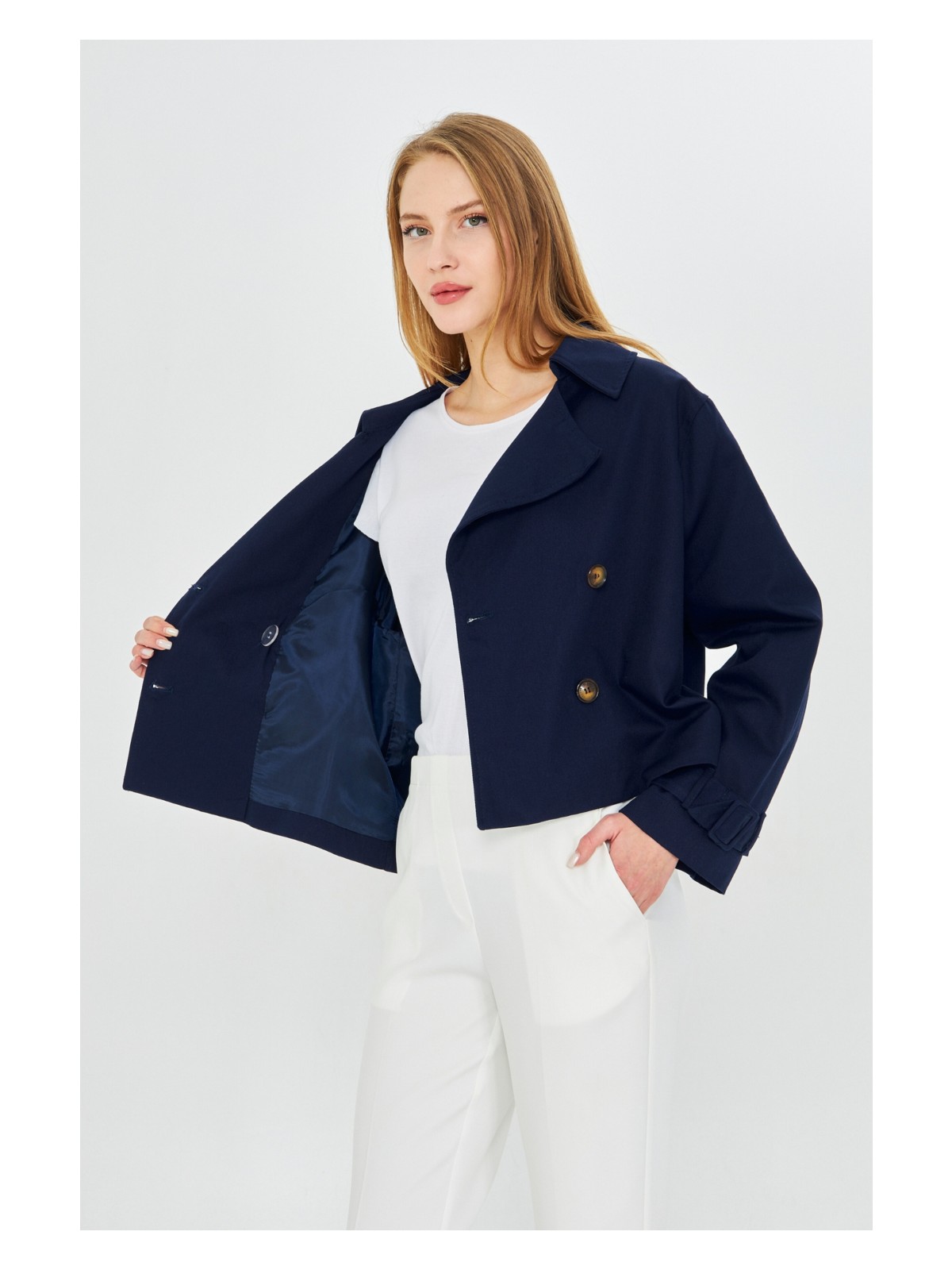 Pastelastore %100 Pamuk Gabardin Astarlı Oversize Geniş Kalıp Kadın Crop Kısa Trençkot 1122 - Görsel 9