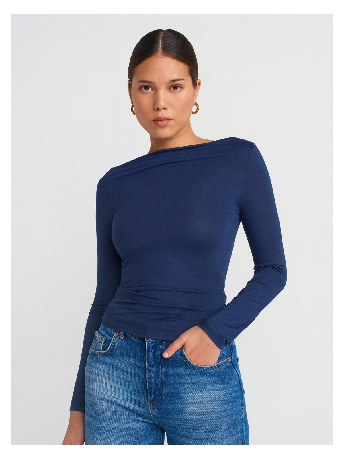 Dilvin 31213 Kayık Yaka Uzun Kollu Top-Lacivert
