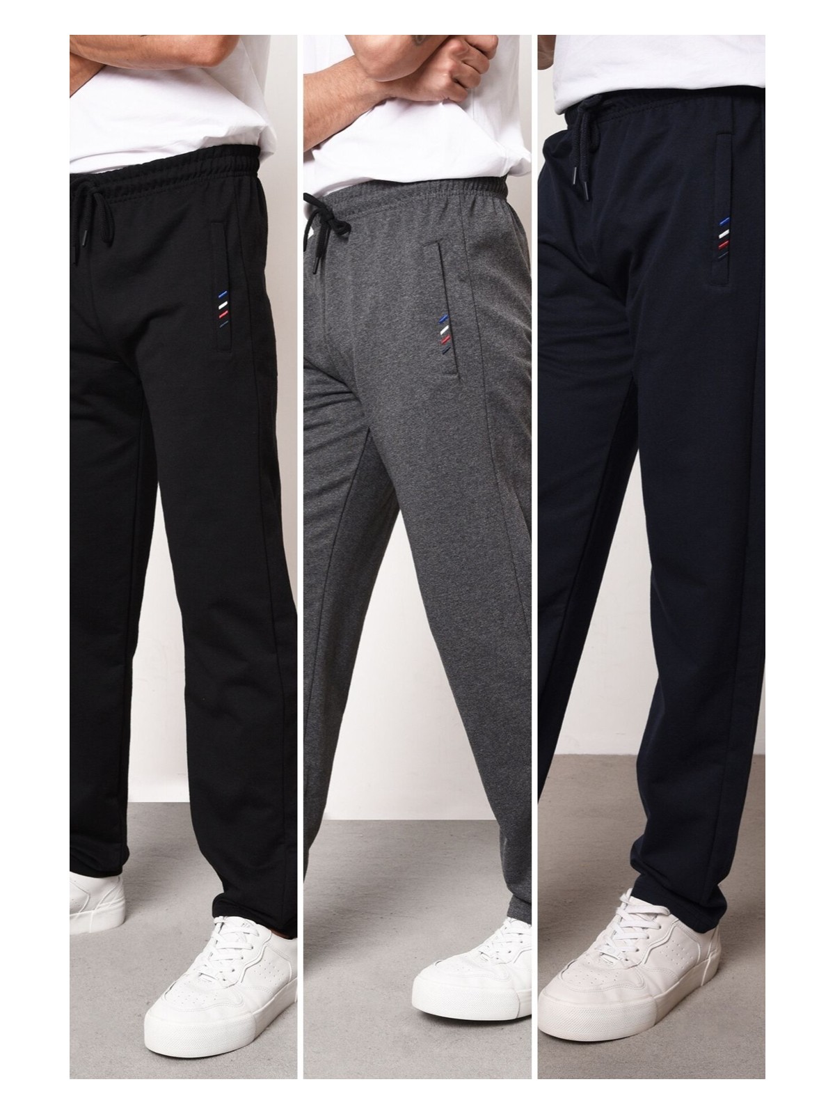 Mmetalic Siyah-Antrasit-Lacivert Erkek Fermuar Cep Nakış Detaylı Düz Paça Rahat Kesim 3'lü Eşofman Altı Paketi