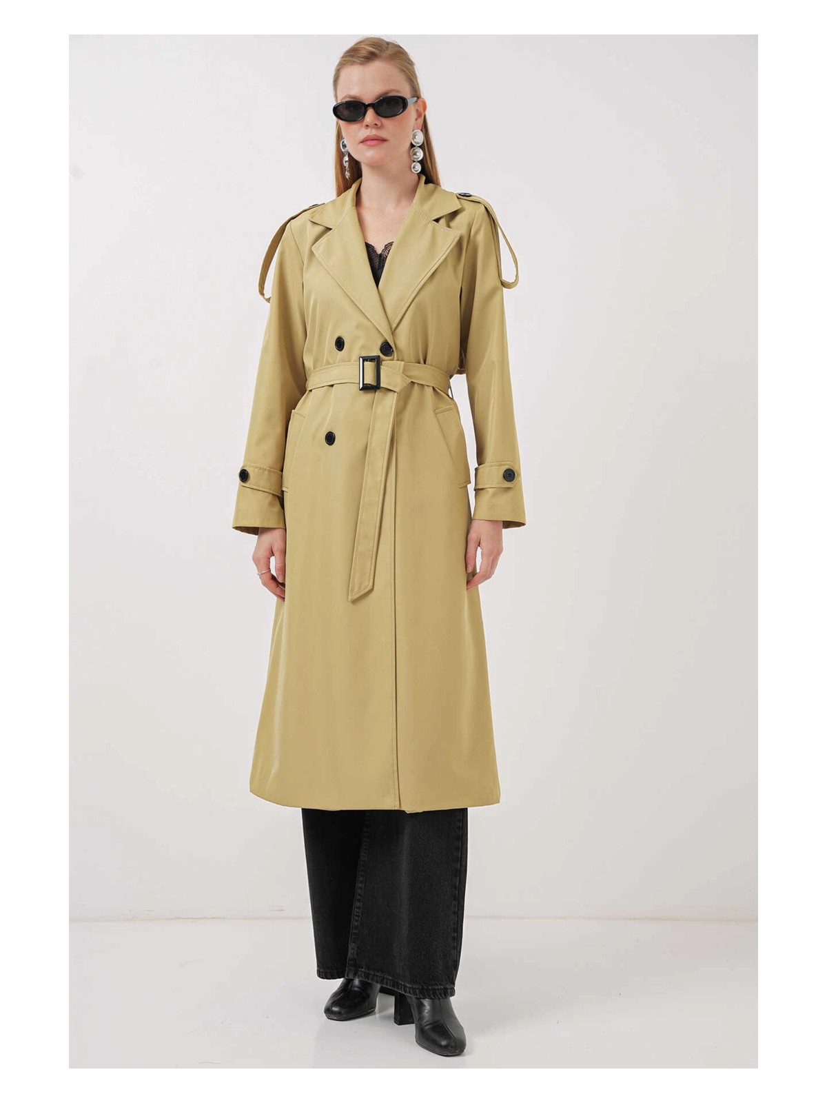 Hazelin Kadın Yağ Yeşili Kruvaze Yaka Astarlı Kemerli Mevsimlik Trençkot HZL25W-BD159411