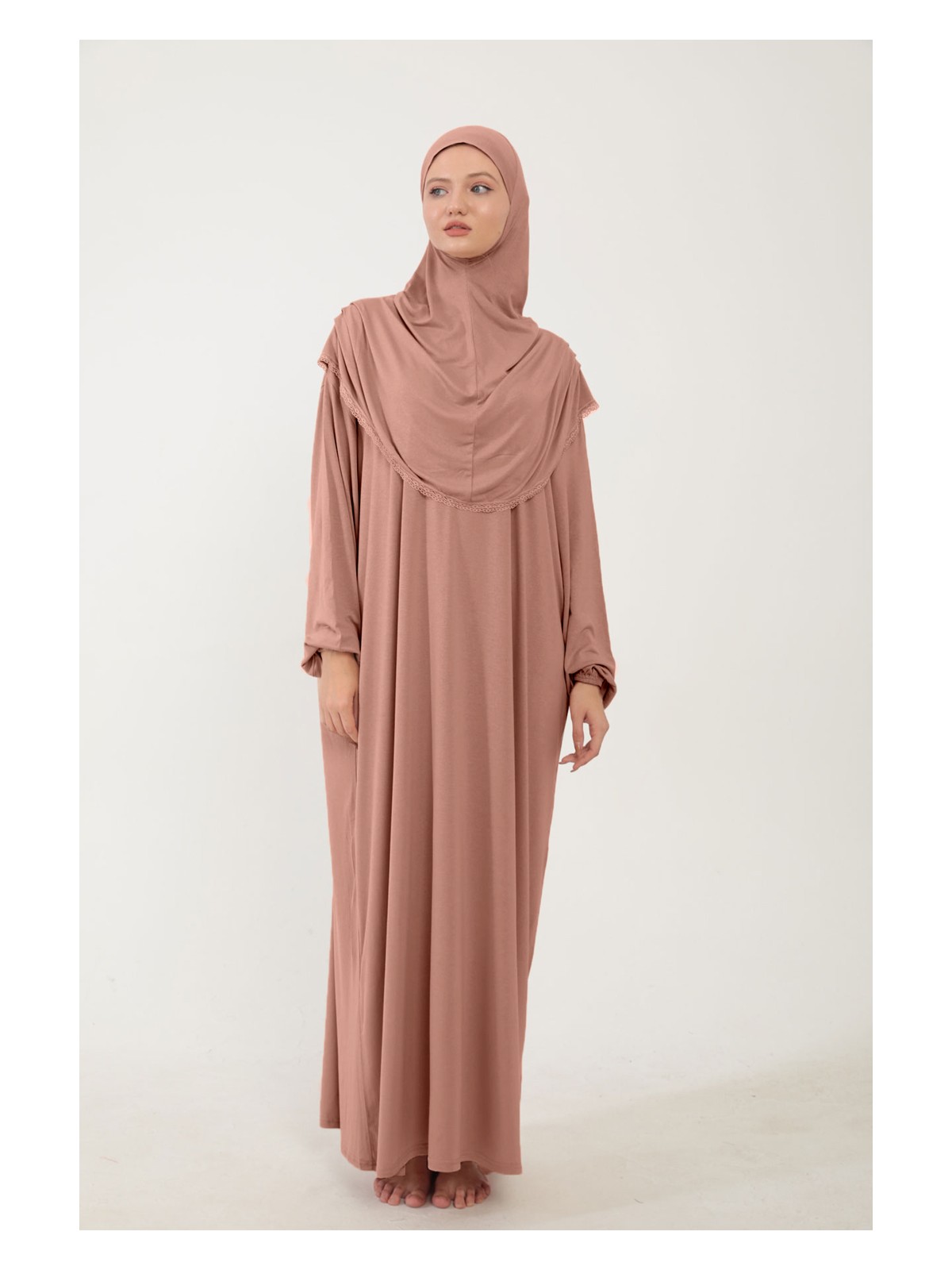 Sonbahar Moda Kadın Tesettür Pamuklu Başörtülü Namaz Elbisesi Dantelli Tek Parça Penye Kumaş