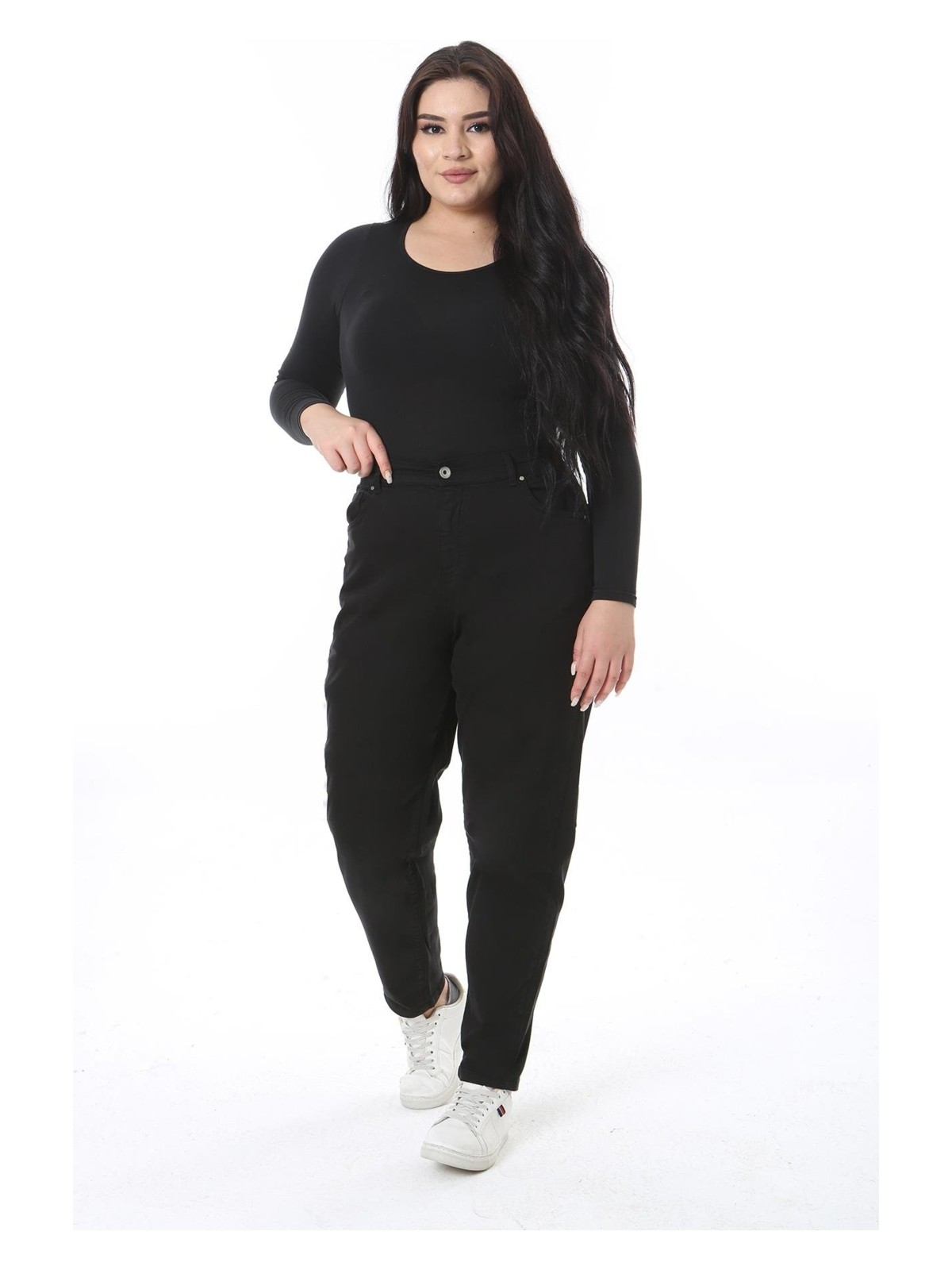 Şans Kadın Büyük Beden Siyah Yüksek Bel Arka Bel Lastikli Likralı Kot Pantolon 65N38498