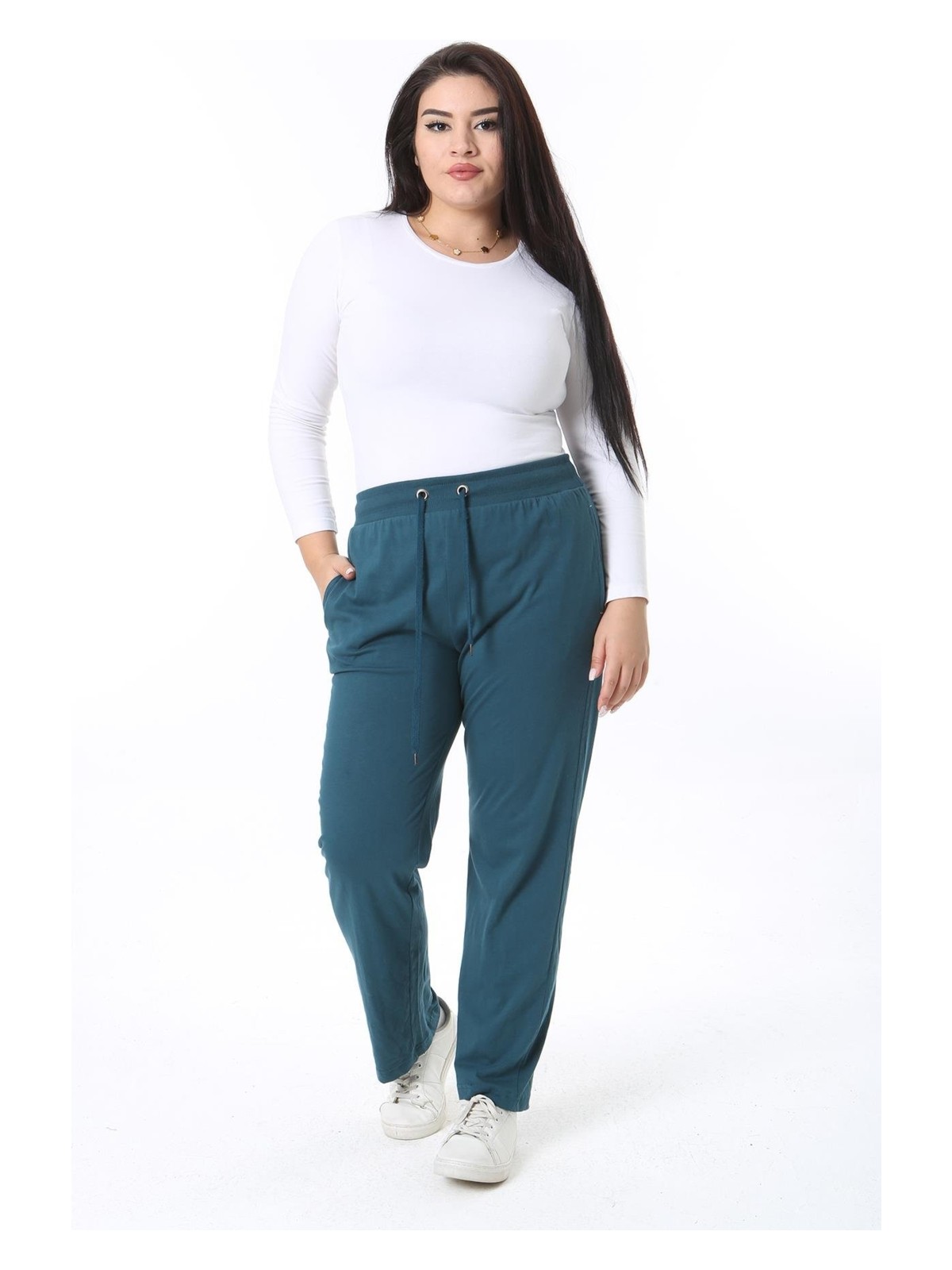 Şans Kadın Büyük Beden Yeşil Pamuklu Kumaş Beli Kuşgözü Bağcık Detaylı Eşofman Alt 65N38470