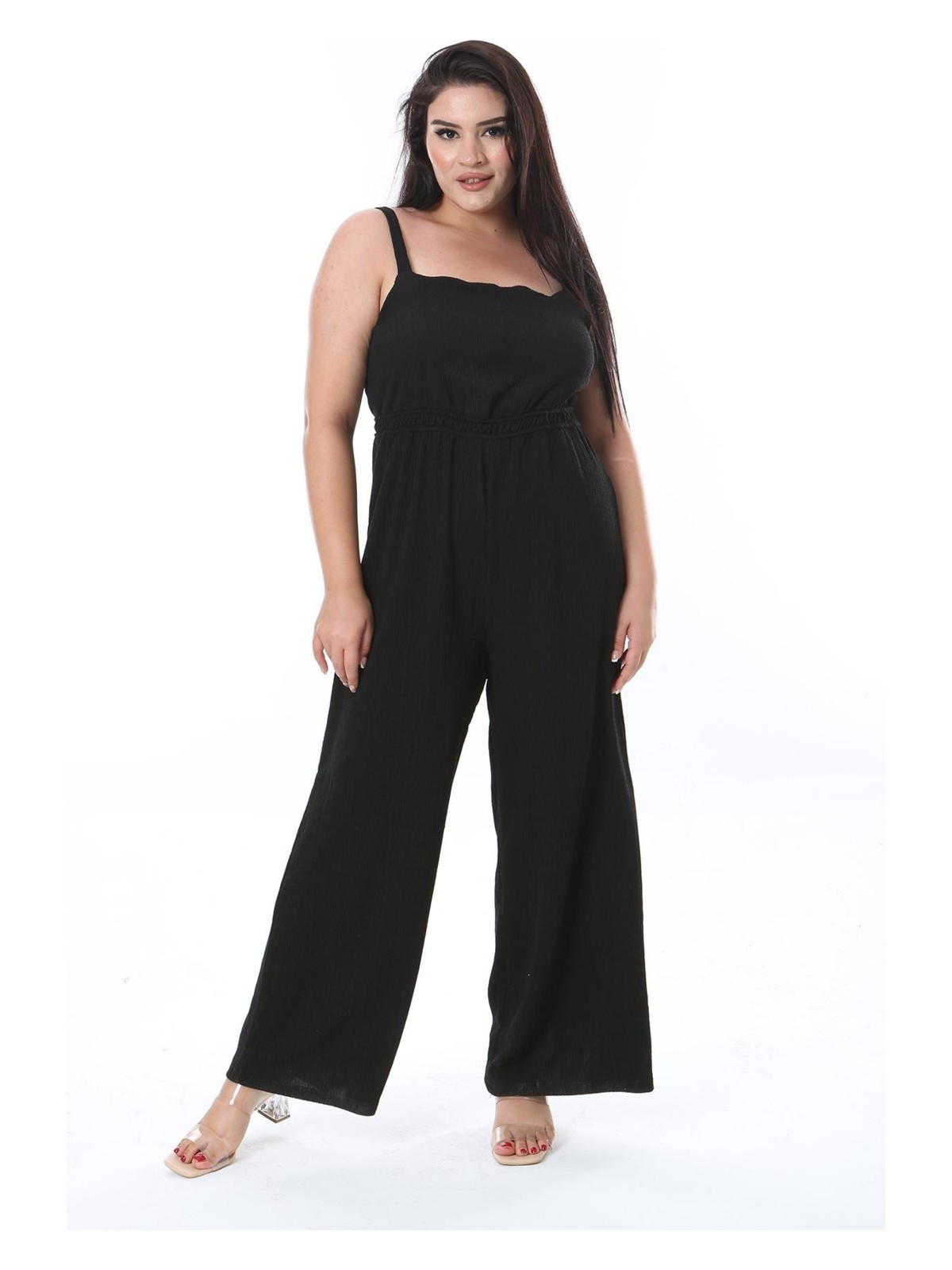 Şans Kadın Büyük Beden Siyah Bürümcük Kumaş Geniş Paçalı Askılı Tulum 65N38313