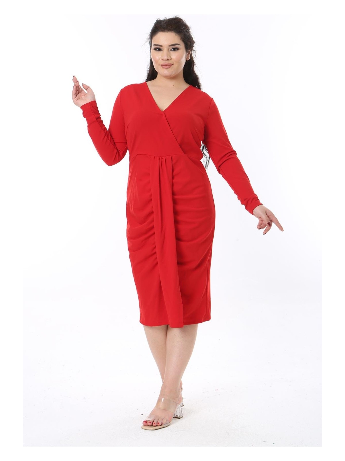 Şans Kadın Büyük Beden Kırmızı Anvelop Yakalı Bel Detaylı Uzun Kollu Elbise 65N38602