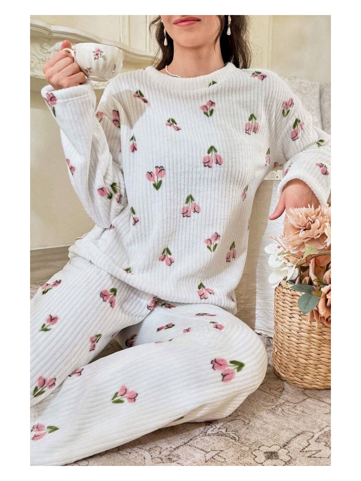 Bella Notte Çiçek Desenli Fitilli Pamuklu Uzun Pijama Takımı