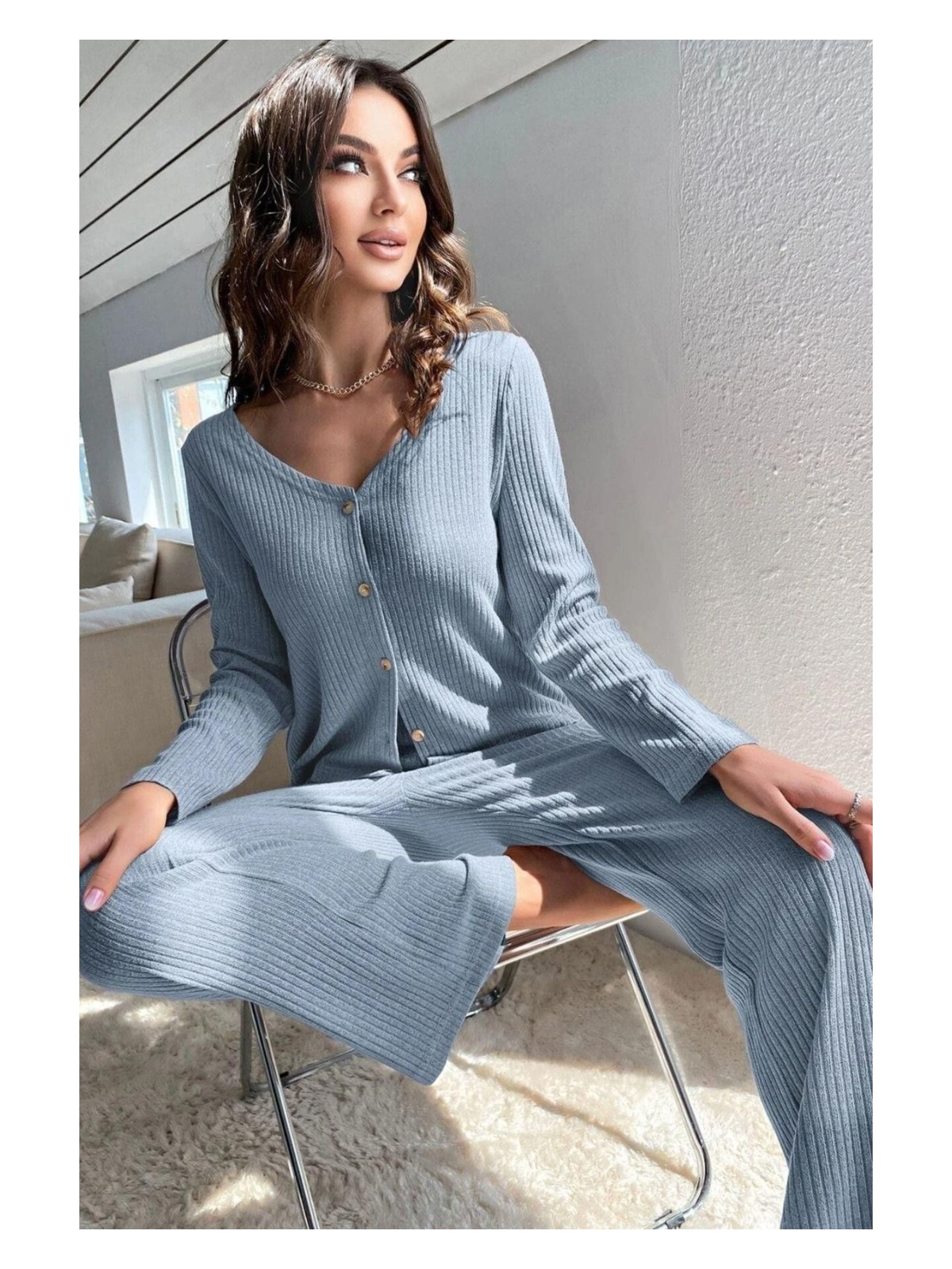 Bella Notte V Yaka Pamuklu Mavi Düğmeli Uzun Pijama Takımı