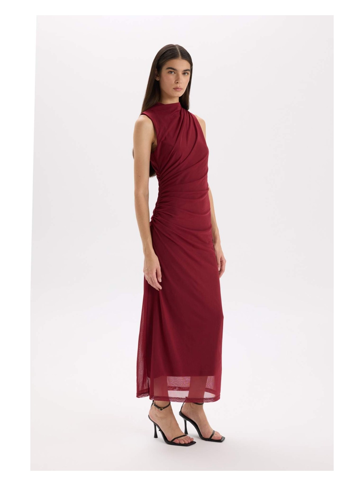 DeFacto Bodycon Vücudu Saran Yarım Balıkçı Yaka Basic Düz Tül Kolsuz Maxi Abiye Elbise C3519AX24AU