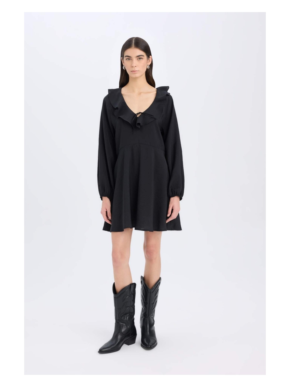 DeFacto V Yaka Basic Düz Modal Uzun Kollu Siyah Mini Elbise E4213AX24WN - Görsel 3