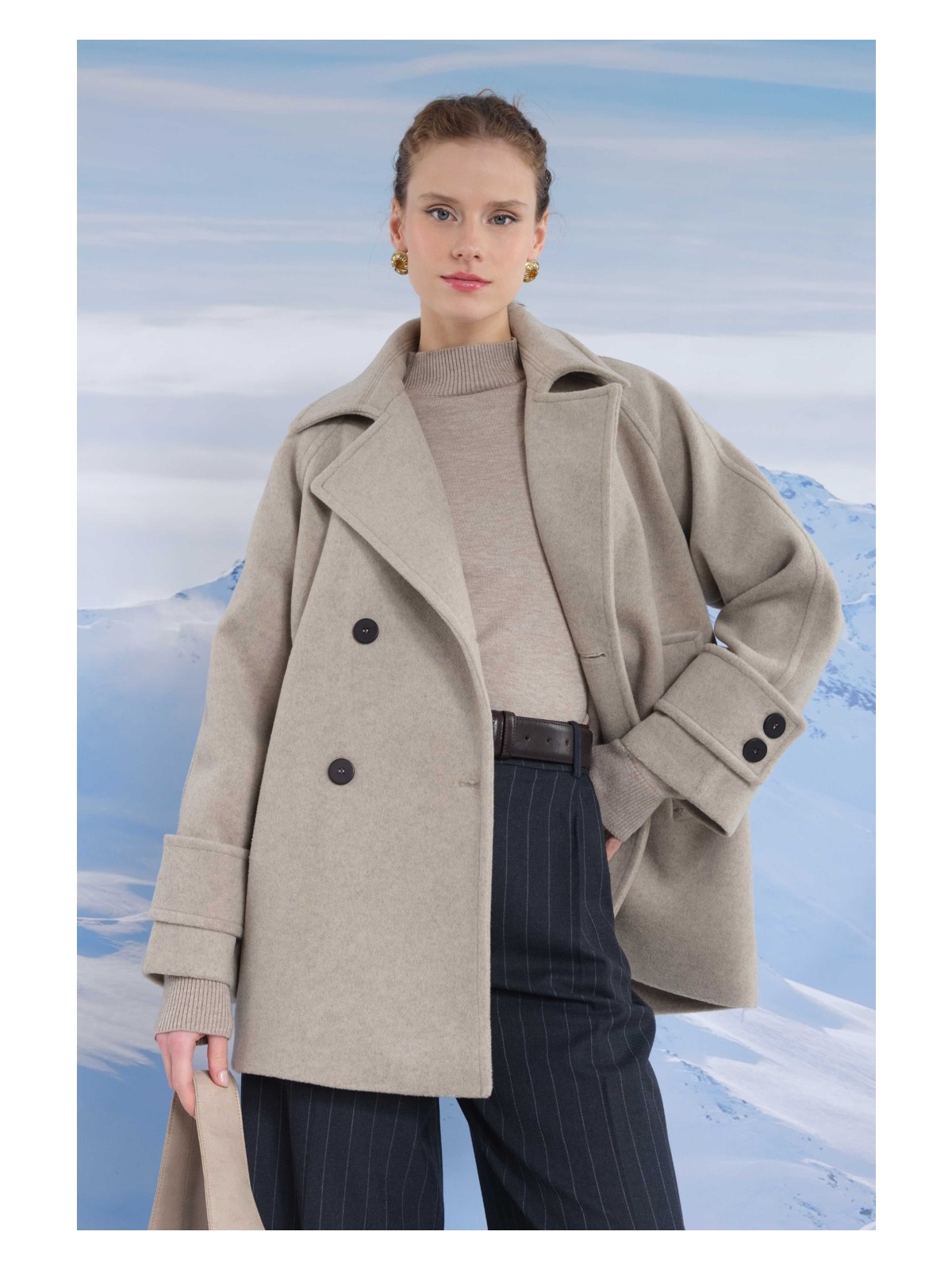 HE-QA Kısa Kruvaze Kaban Ekru - Görsel 4