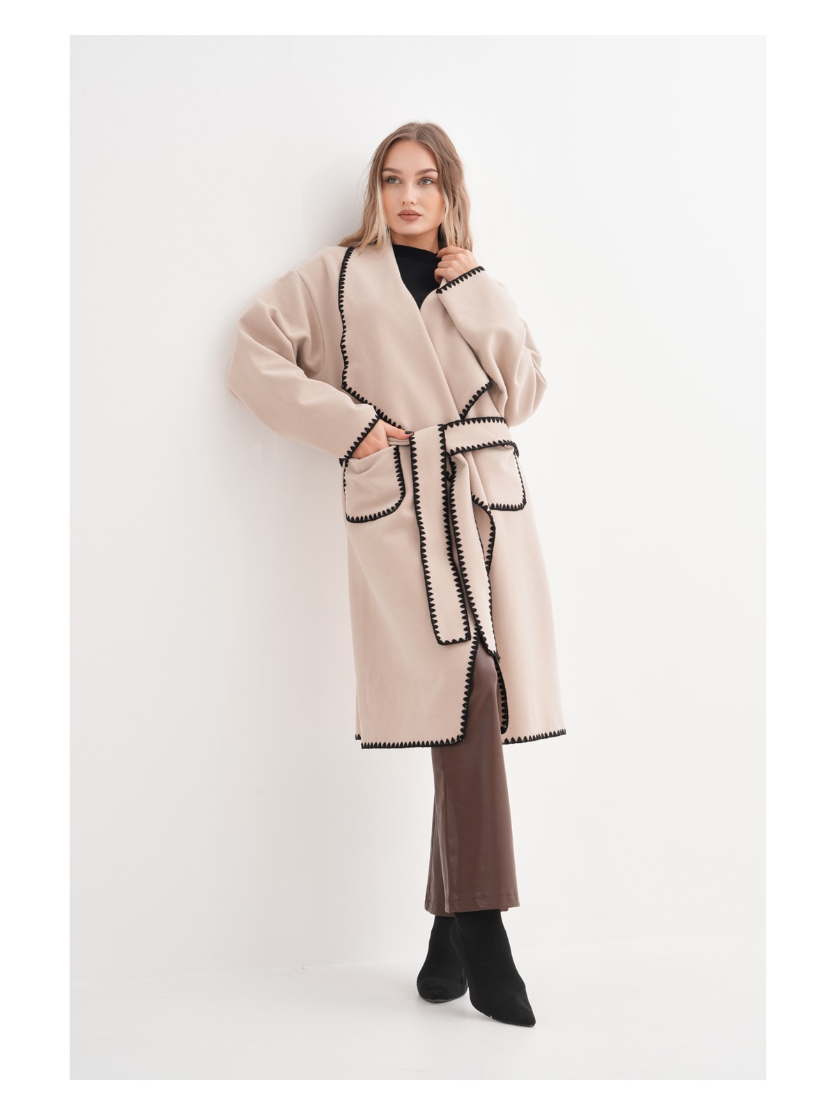 Gigitex Kaşe Kaban Oversize Standart 36-46 Beden Dizaltı Cepli Kemerli Rahat Kalıp - Görsel 3