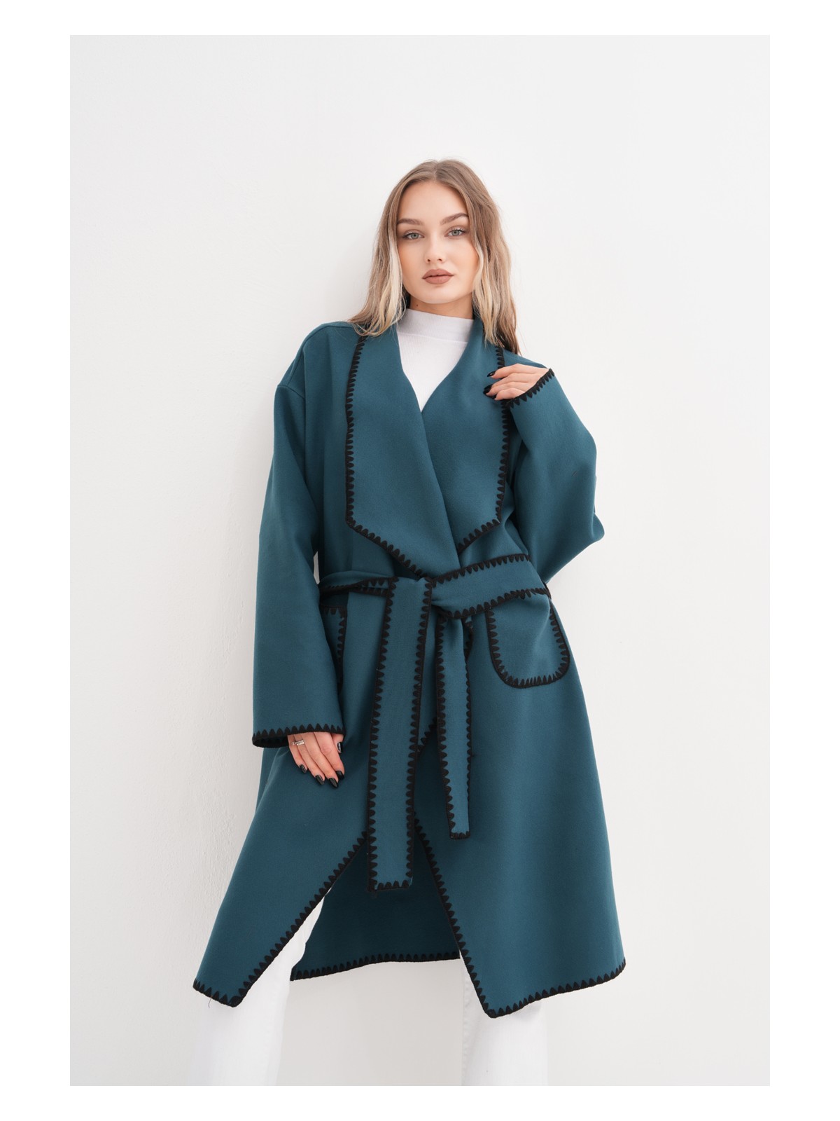 Gigitex Kaşe Kaban Oversize Standart 36-46 Beden Dizaltı Cepli Kemerli Rahat Kalıp - Görsel 6