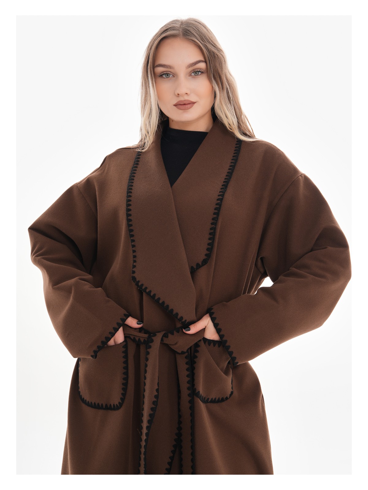 Gigitex Kaşe Kaban Oversize Standart 36-46 Beden Dizaltı Cepli Kemerli Rahat Kalıp - Görsel 5