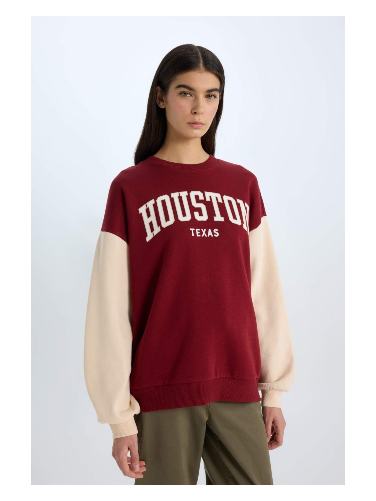 DeFacto Oversize Geniş Kalıp Bisiklet Yaka Baskılı Kalın Sweatshirt E3228AX24WN