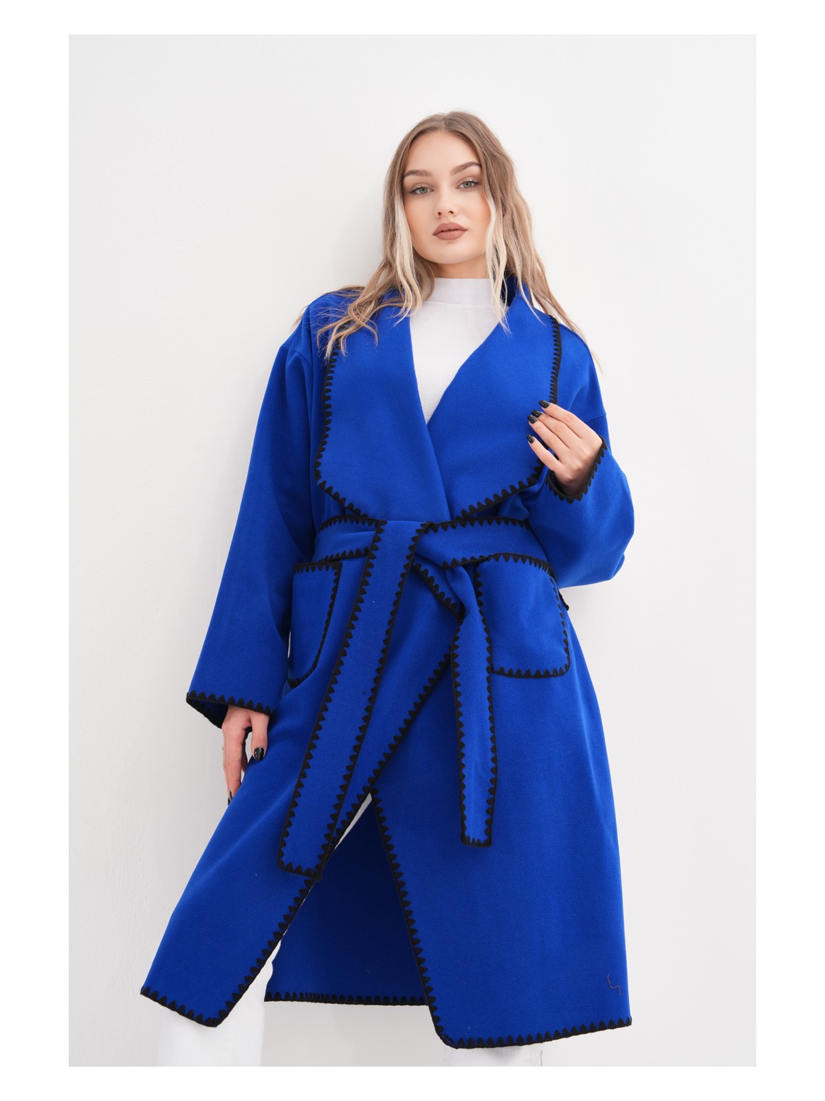 Gigitex Kaşe Kaban Oversize Standart 36-46 Beden Dizaltı Cepli Kemerli Rahat Kalıp