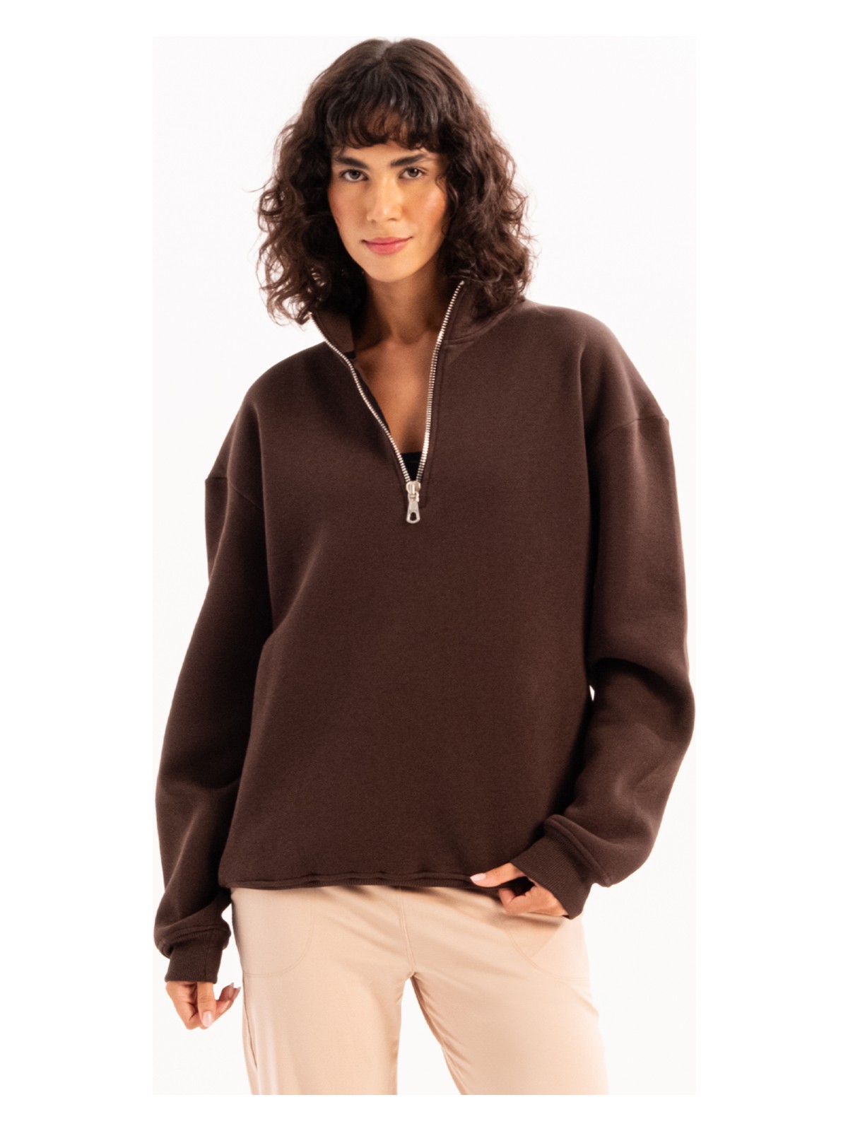 Justever Oversize Fit Dik Yaka Yarı Fermuarlı Şardonlu Gri Kadın Sweatshirt - Cass - Görsel 5