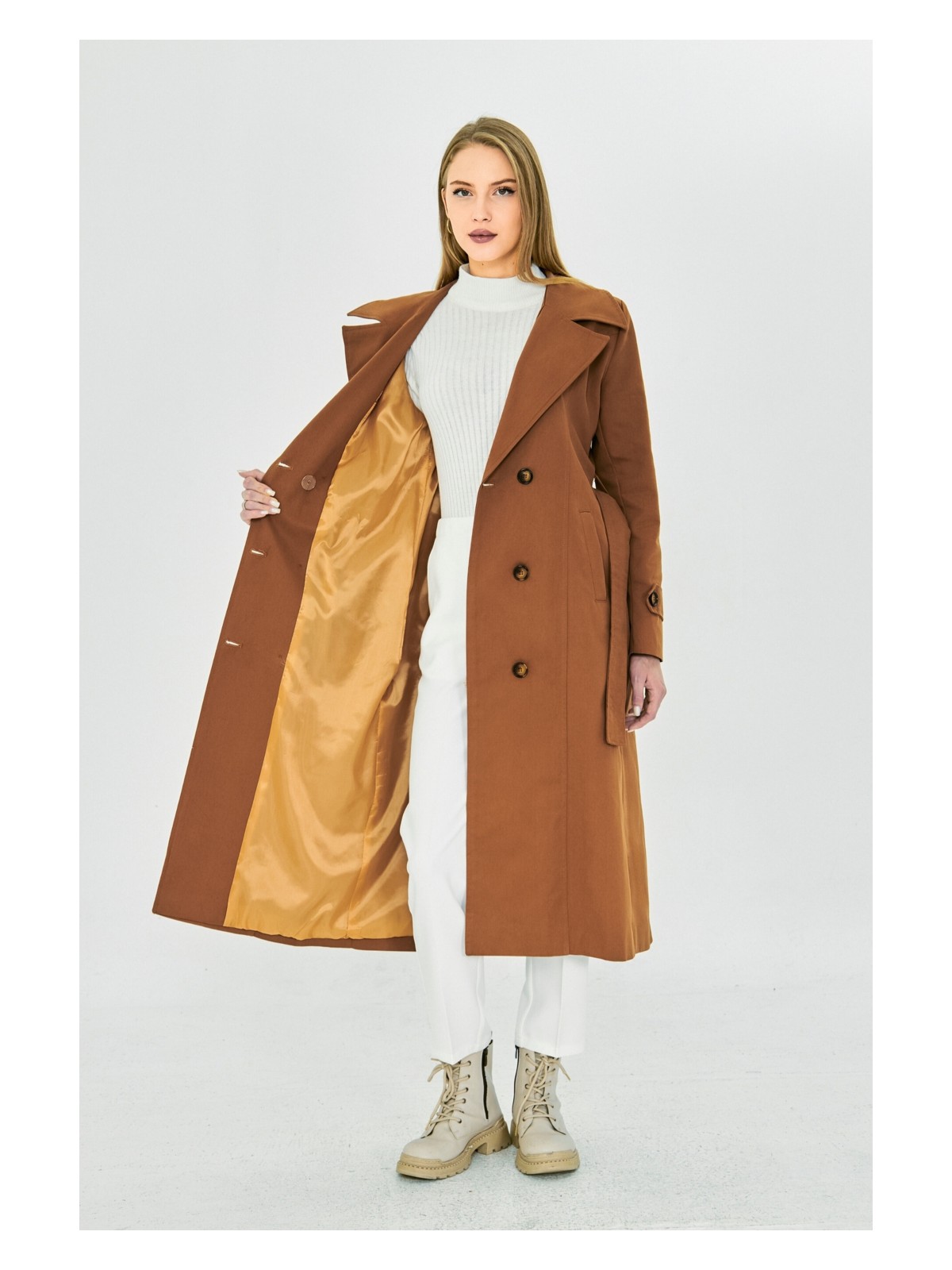 Pastelastore %100 Pamuk Ekstra Uzun (120CM) Kruvaze Kadın Trençkot 1121 - Görsel 3