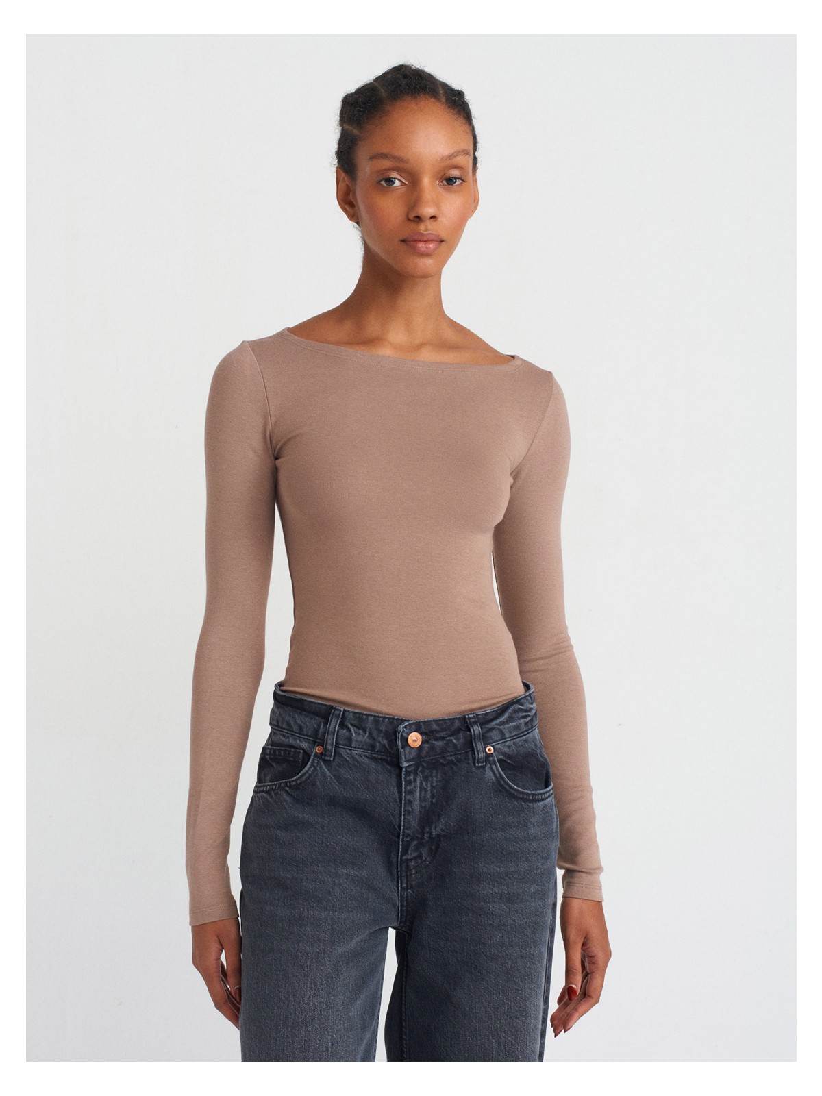 Dilvin 31332 Kayık Yaka Uzun Kollu Top-Vizon