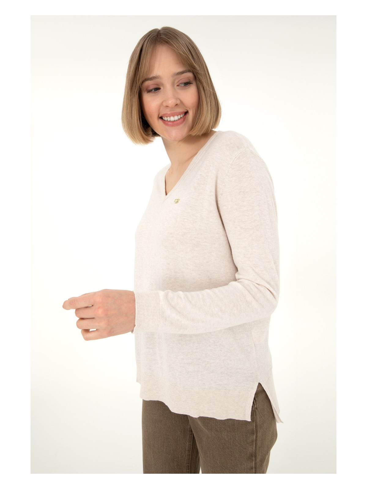 U.S. Polo Assn. Kadın Krem Melanj V Yaka Basic Kazak 50288973-VR159