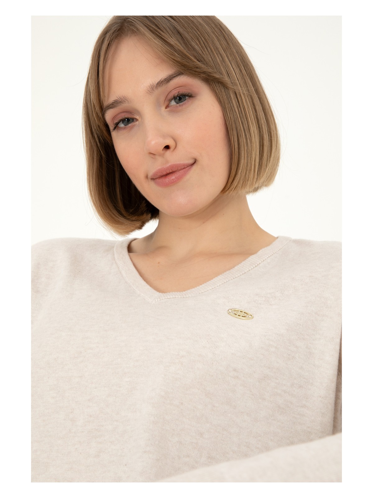 U.S. Polo Assn. Kadın Krem Melanj V Yaka Basic Kazak 50288973-VR159 - Görsel 2