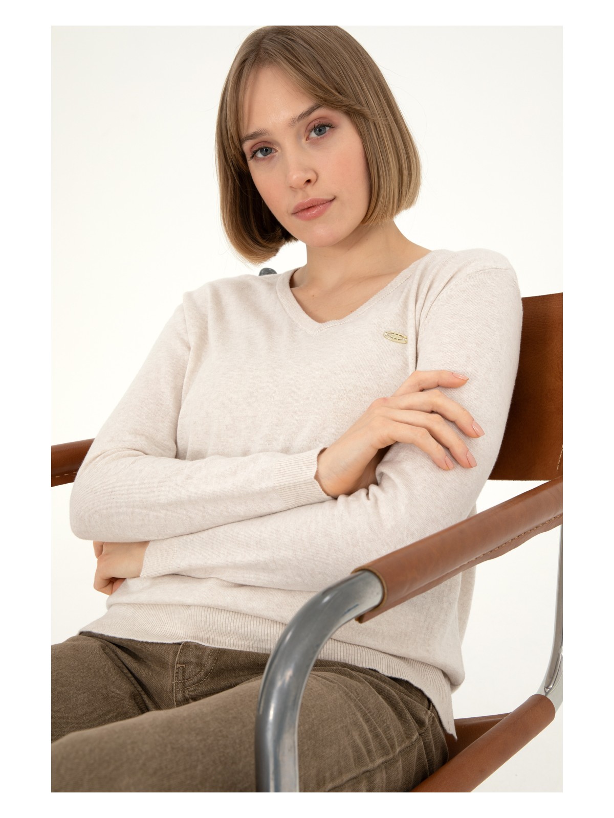 U.S. Polo Assn. Kadın Krem Melanj V Yaka Basic Kazak 50288973-VR159 - Görsel 3