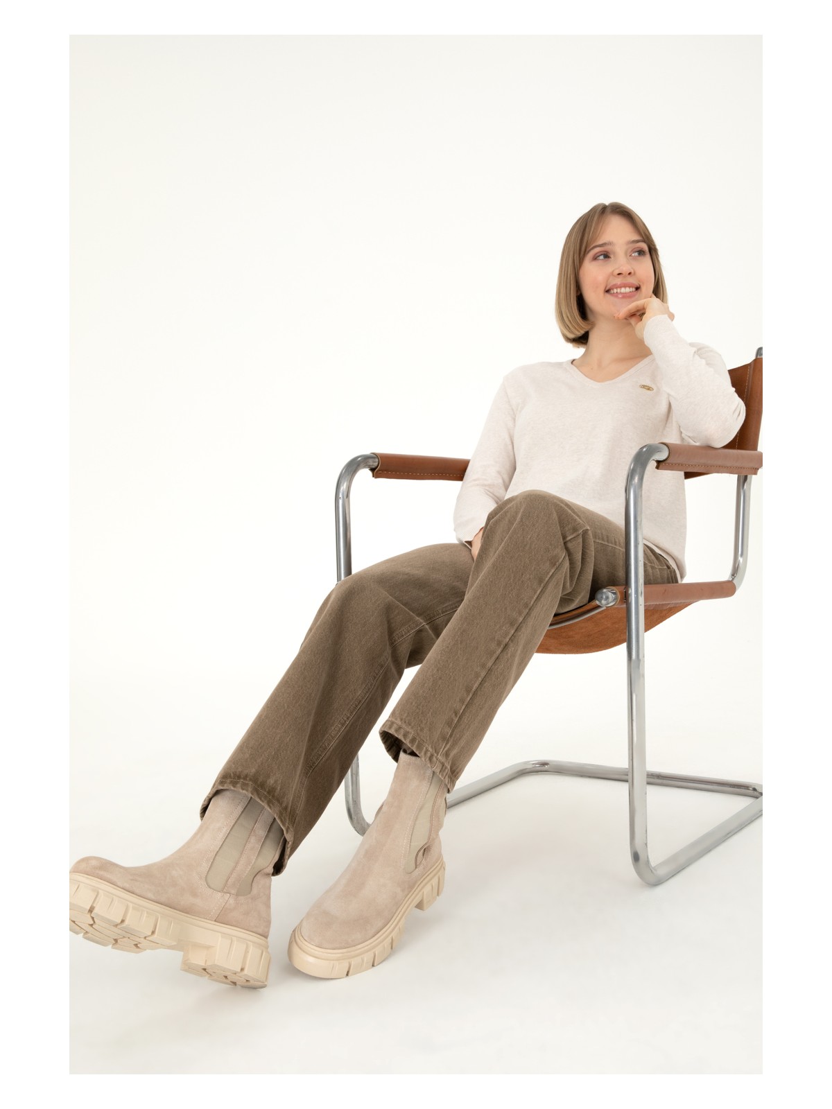 U.S. Polo Assn. Kadın Krem Melanj V Yaka Basic Kazak 50288973-VR159 - Görsel 4